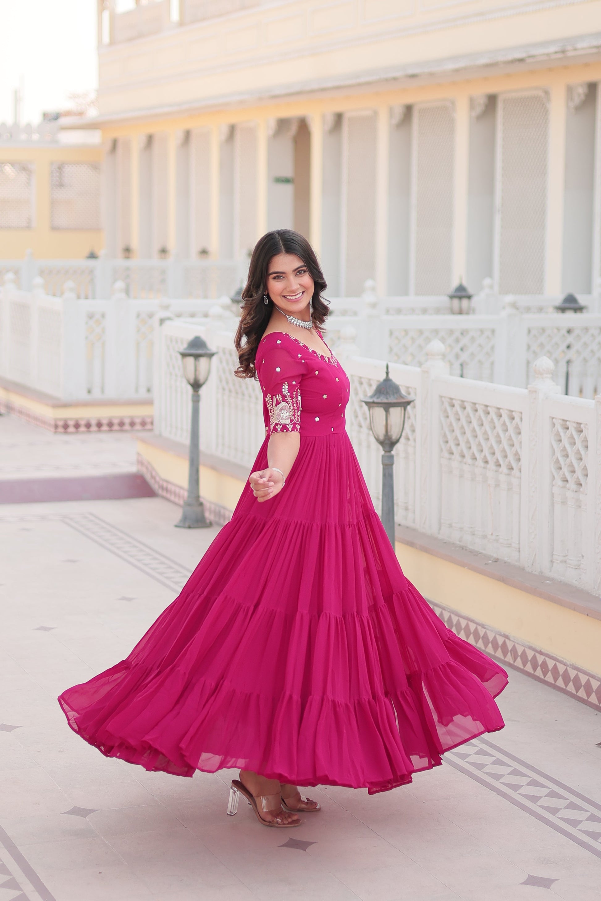 Teeya Creation Pink Color Faux Georgette Embroidery Sequence Work Fully Stitched Gown