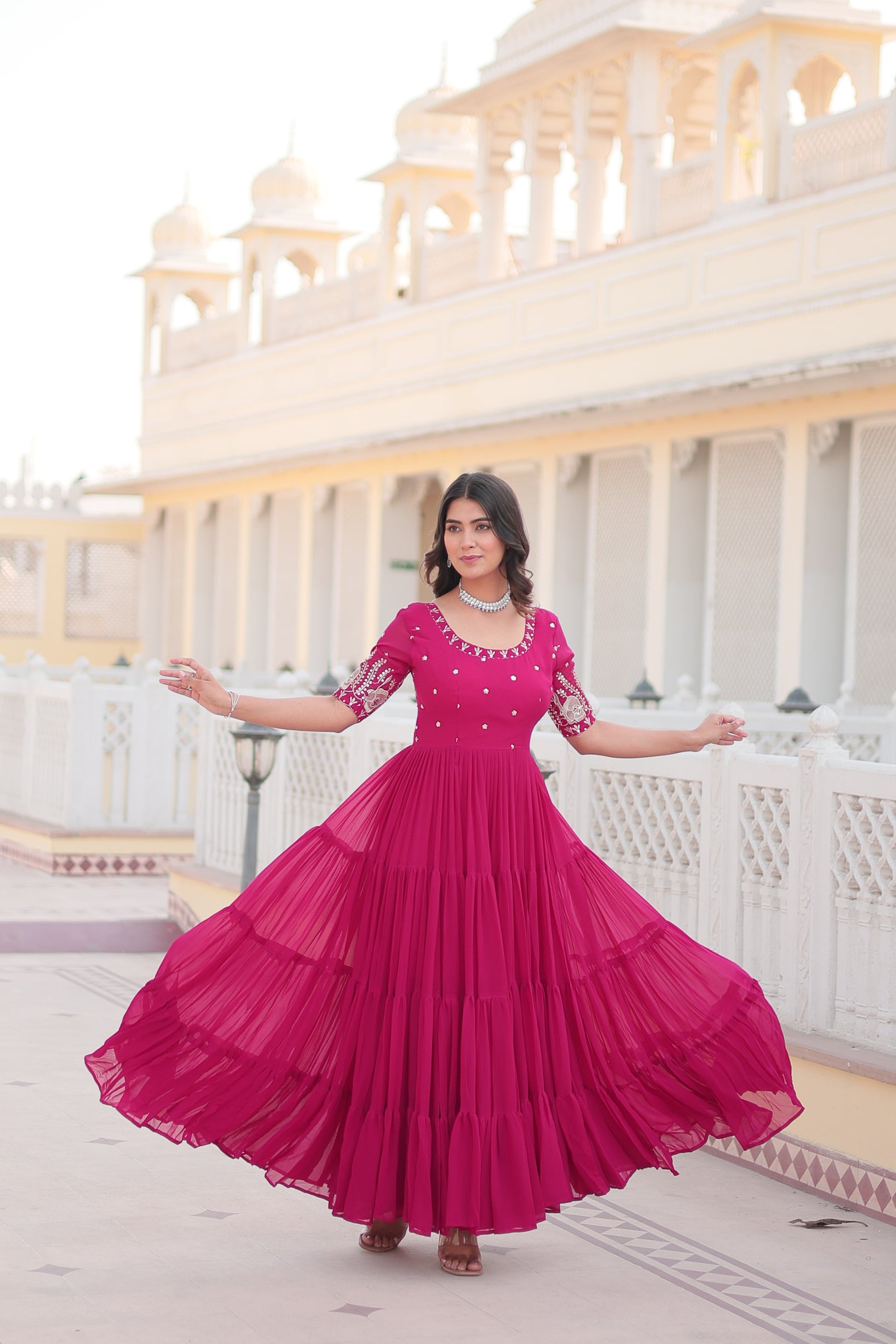Teeya Creation Pink Color Faux Georgette Embroidery Sequence Work Fully Stitched Gown