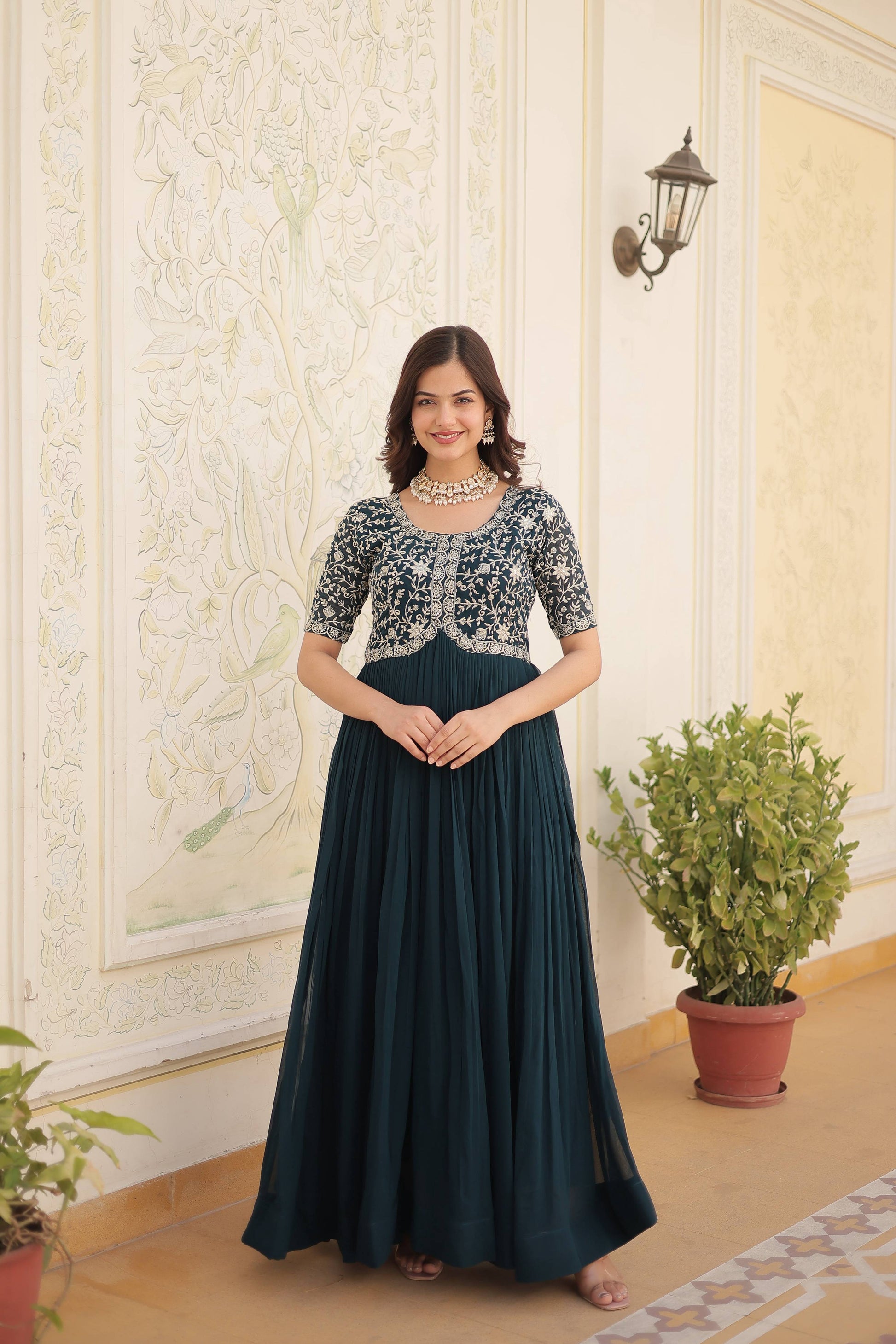 Teeya Creation Rama Color Faux Georgette Embroidery Sequence Work Fully Stitched Gown