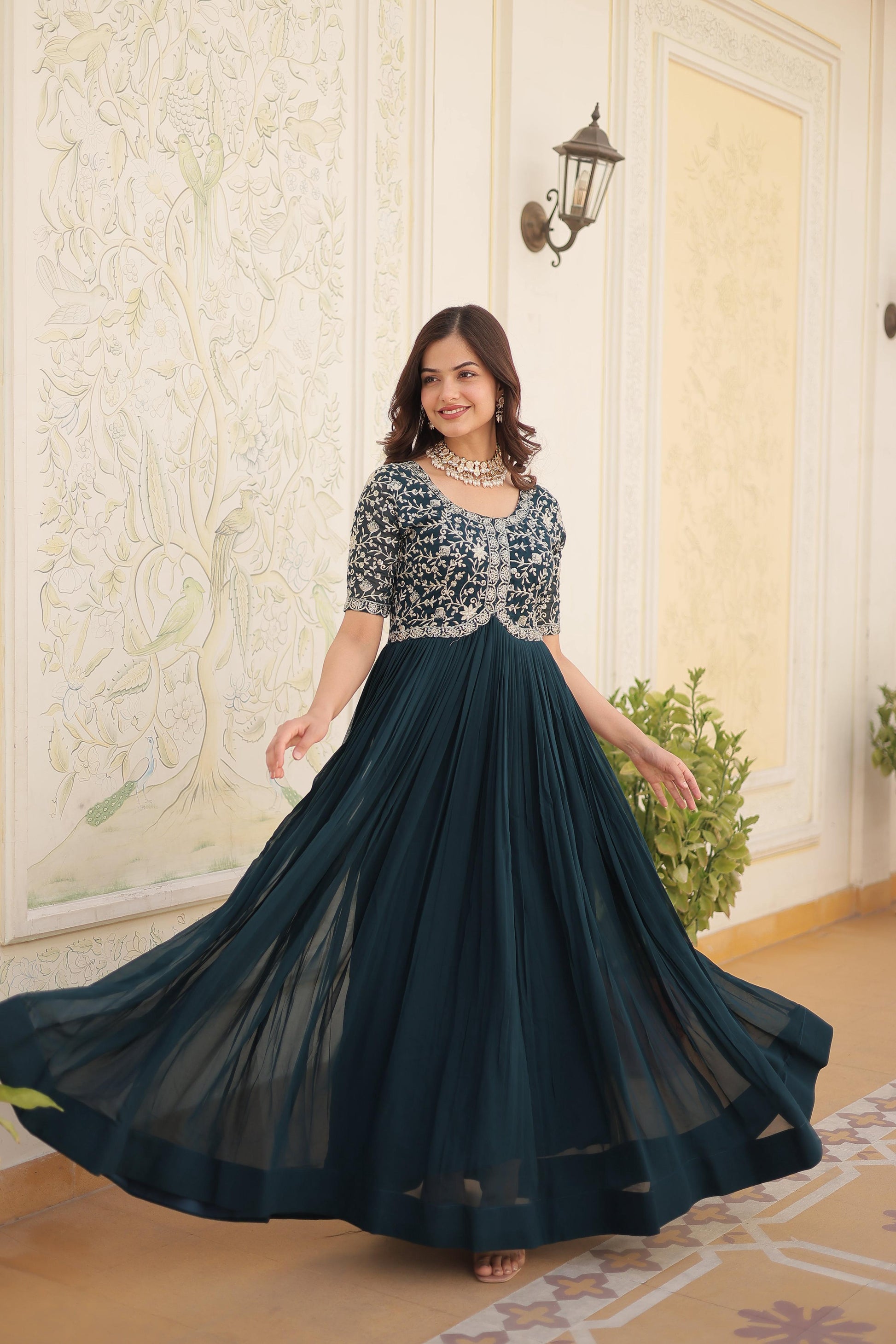 Teeya Creation Rama Color Faux Georgette Embroidery Sequence Work Fully Stitched Gown