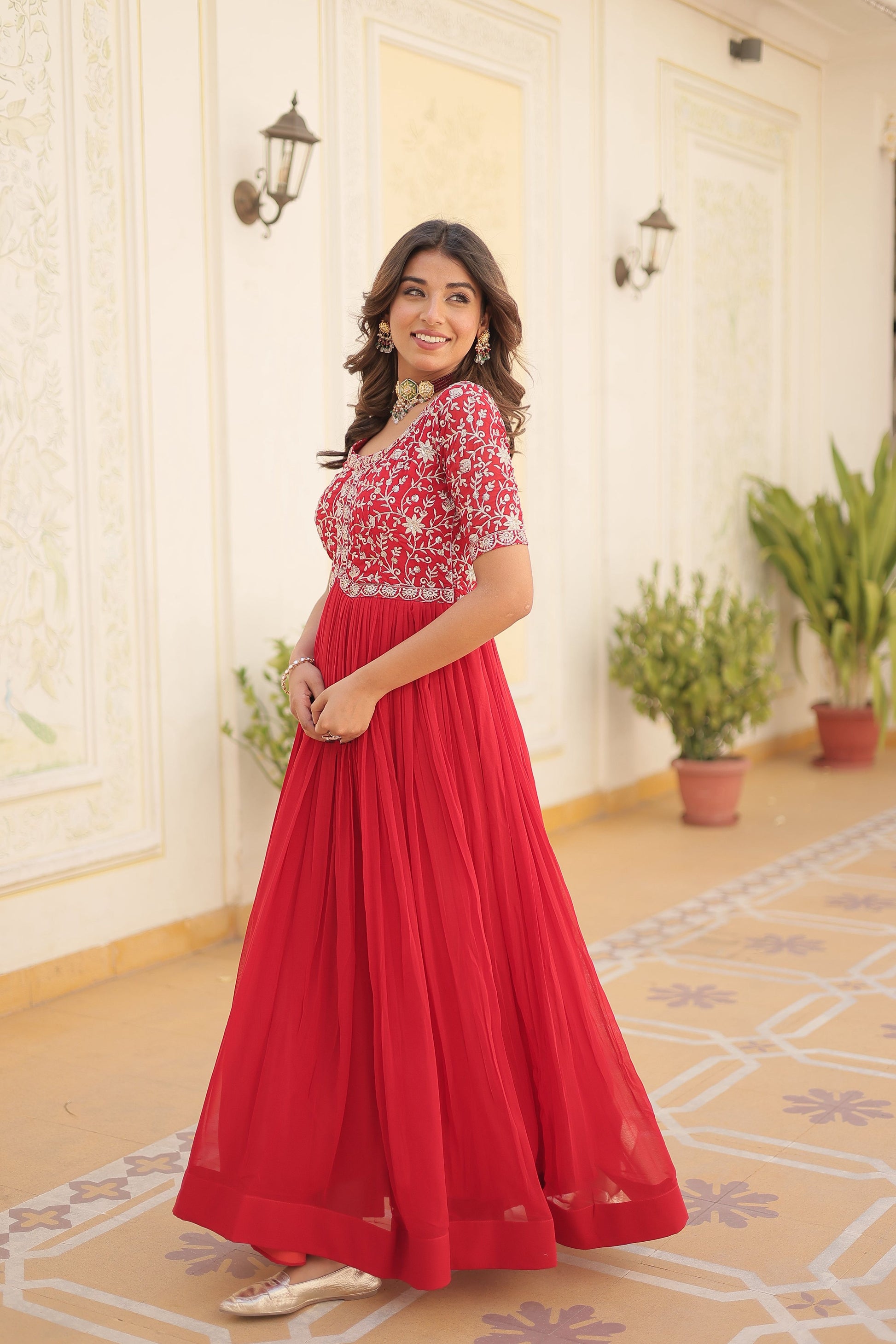 Teeya Creation Red Color Faux Georgette Embroidery Sequence Work Fully Stitched Gown