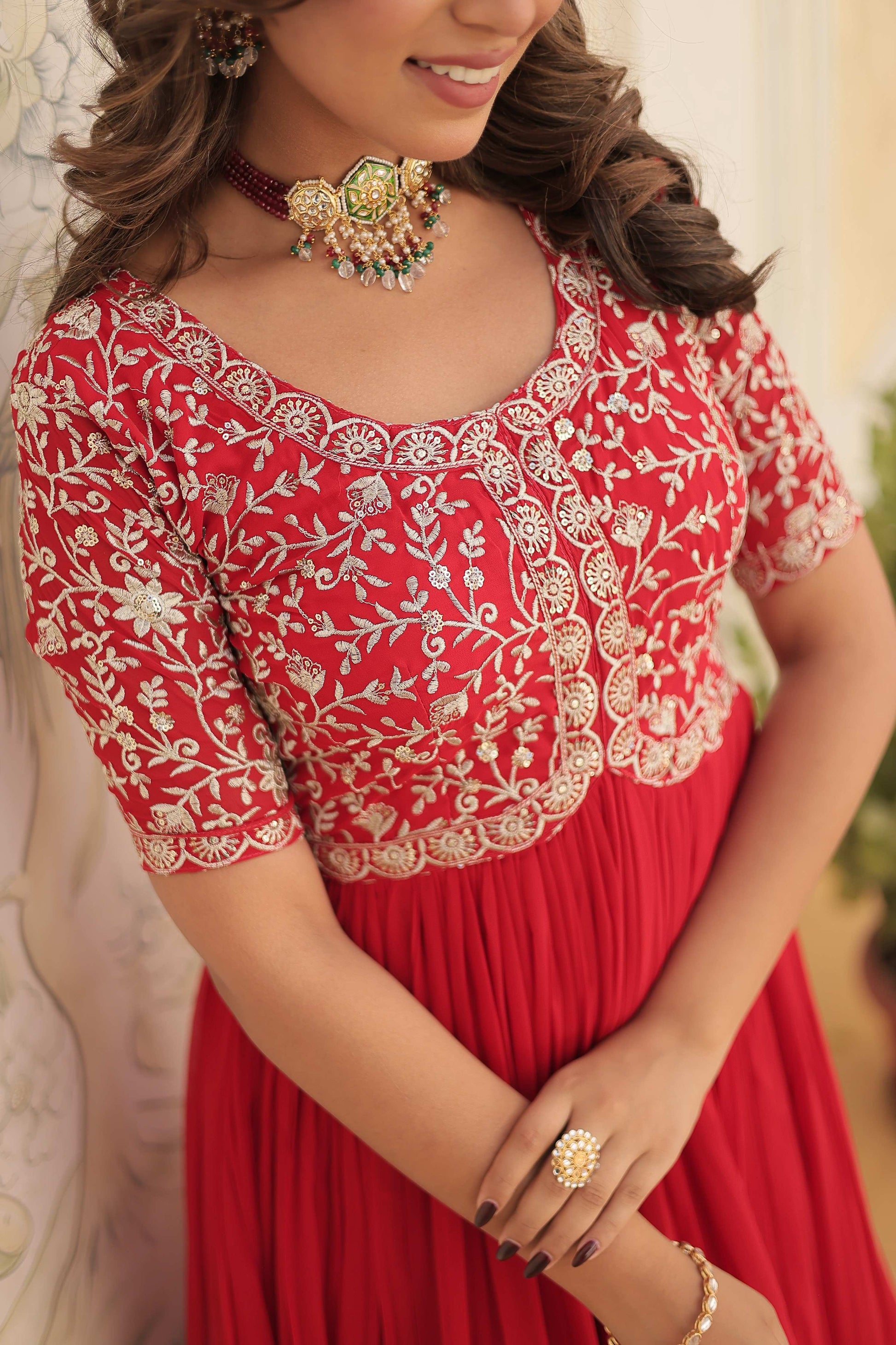 Teeya Creation Red Color Faux Georgette Embroidery Sequence Work Fully Stitched Gown