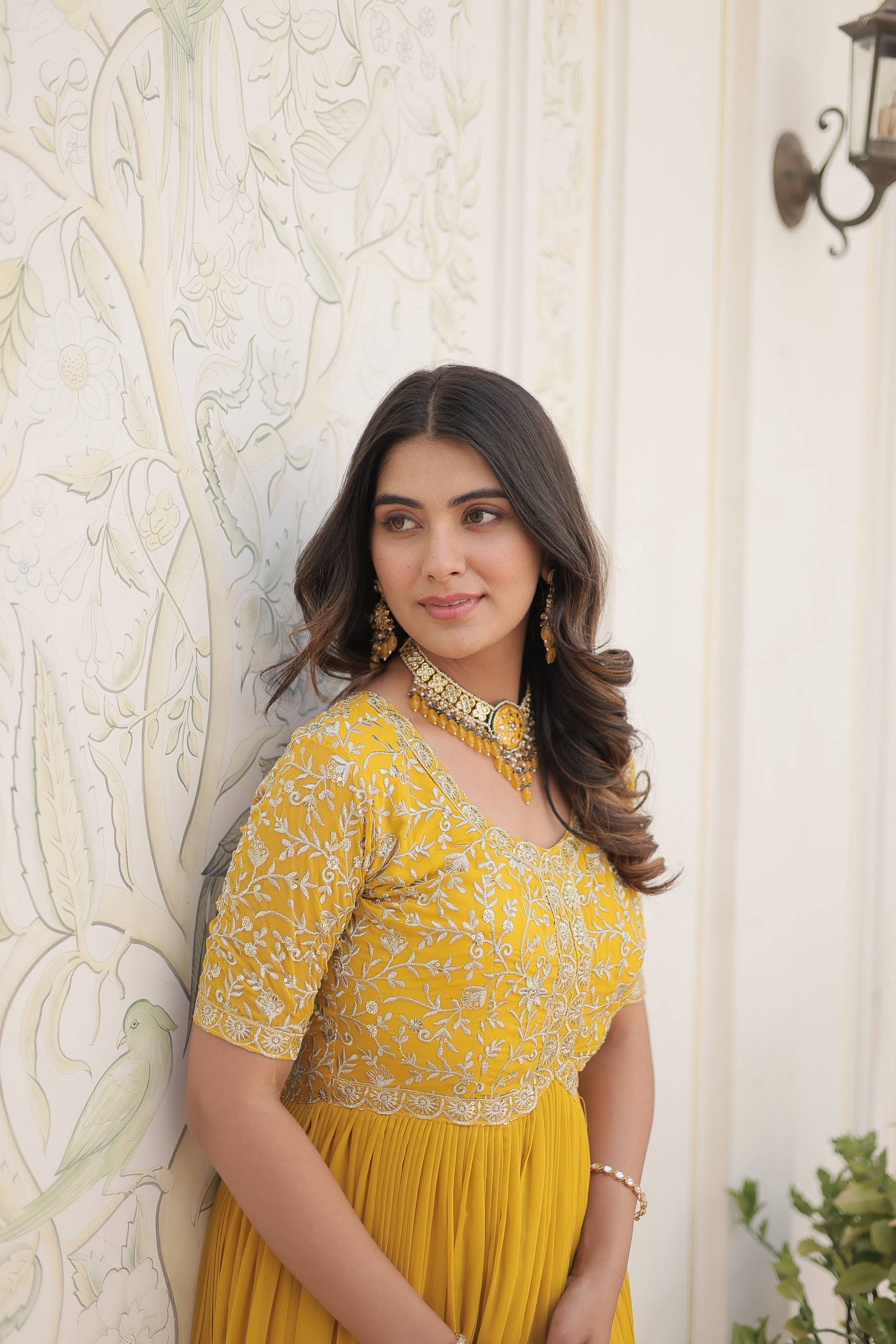 Teeya Creation Yellow Color Faux Georgette Embroidery Sequence Work Fully Stitched Gown