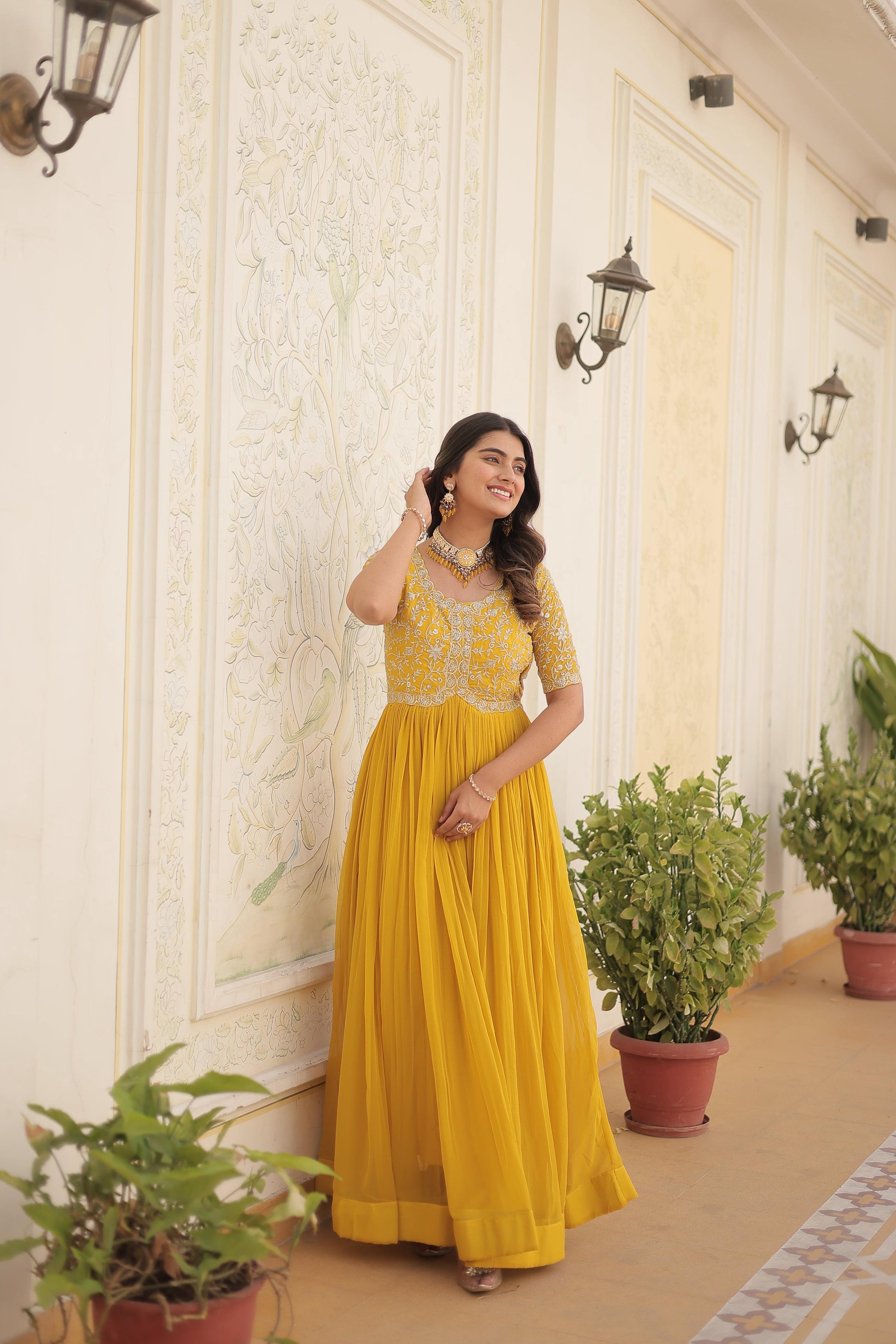 Teeya Creation Yellow Color Faux Georgette Embroidery Sequence Work Fully Stitched Gown