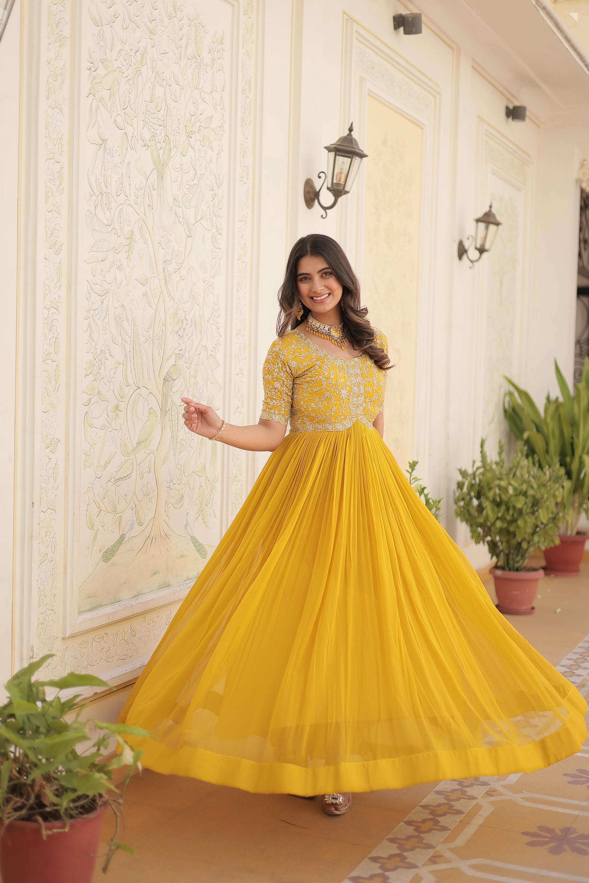 Teeya Creation Yellow Color Faux Georgette Embroidery Sequence Work Fully Stitched Gown