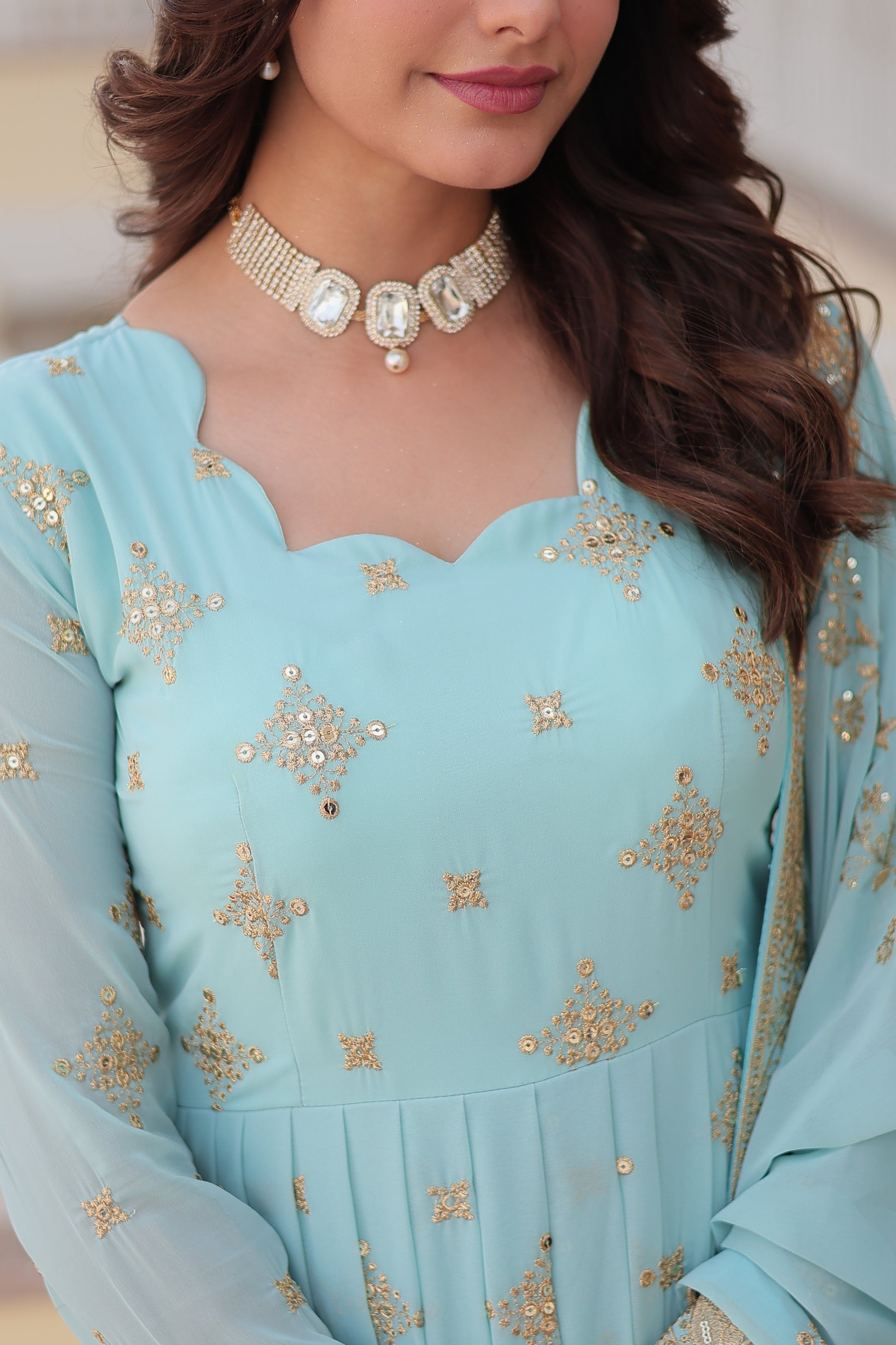 Teeya Creation Sky Color Faux Georgette Beautiful Embroidery Work Fully Stitched Gown