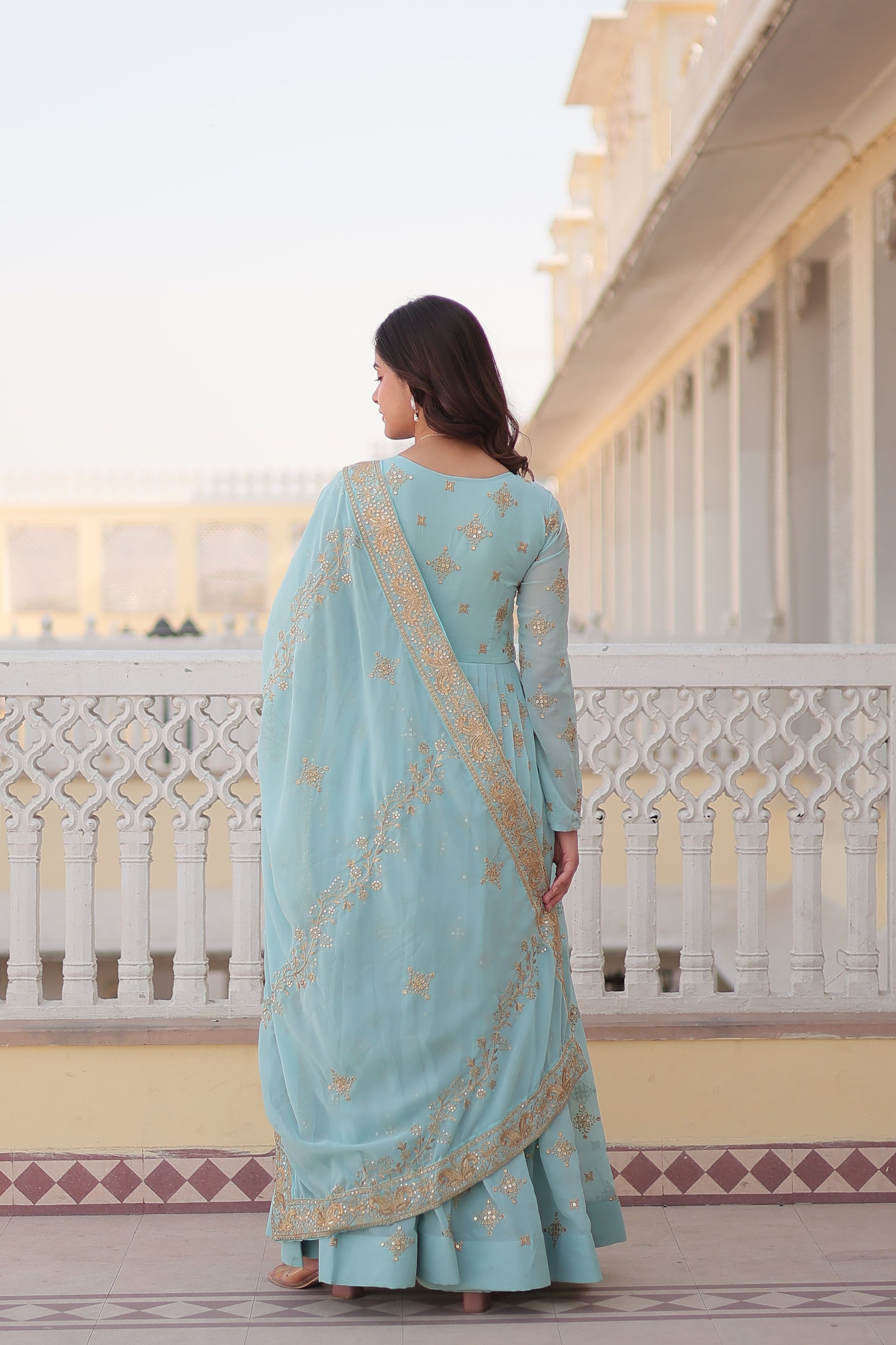 Teeya Creation Sky Color Faux Georgette Beautiful Embroidery Work Fully Stitched Gown