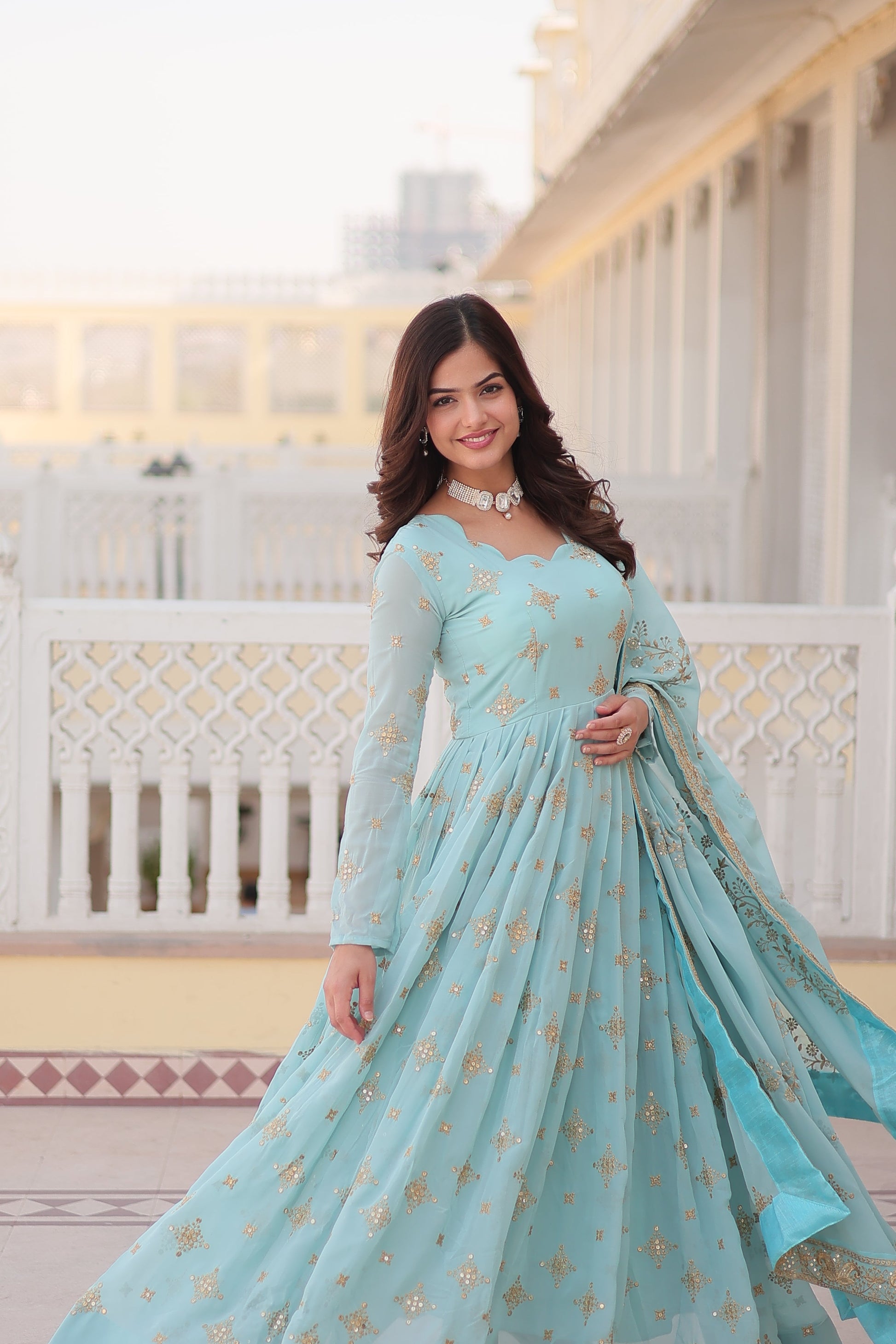 Teeya Creation Sky Color Faux Georgette Beautiful Embroidery Work Fully Stitched Gown