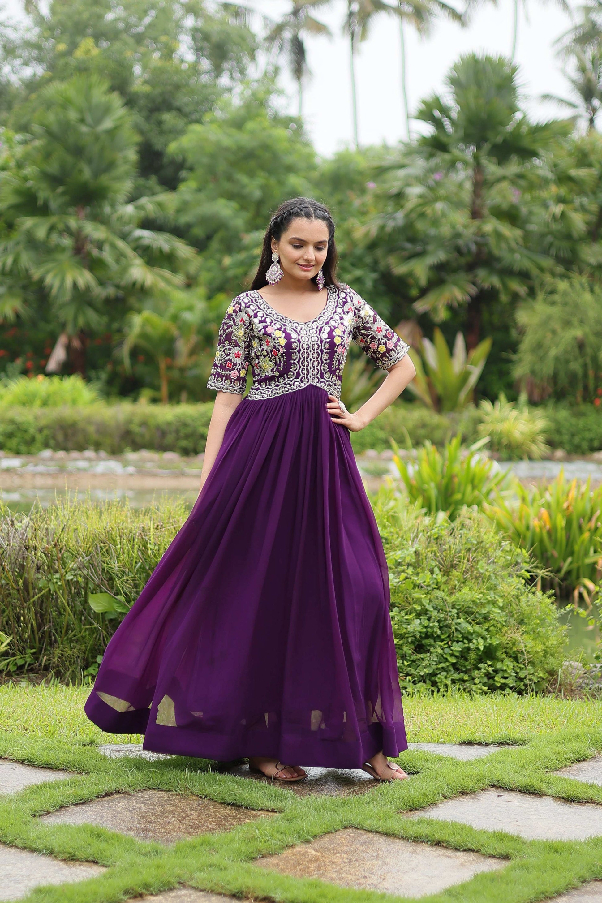 Teeya Creation Purple Color Faux Georgette Embroidery Work Fully Stitched Kurti