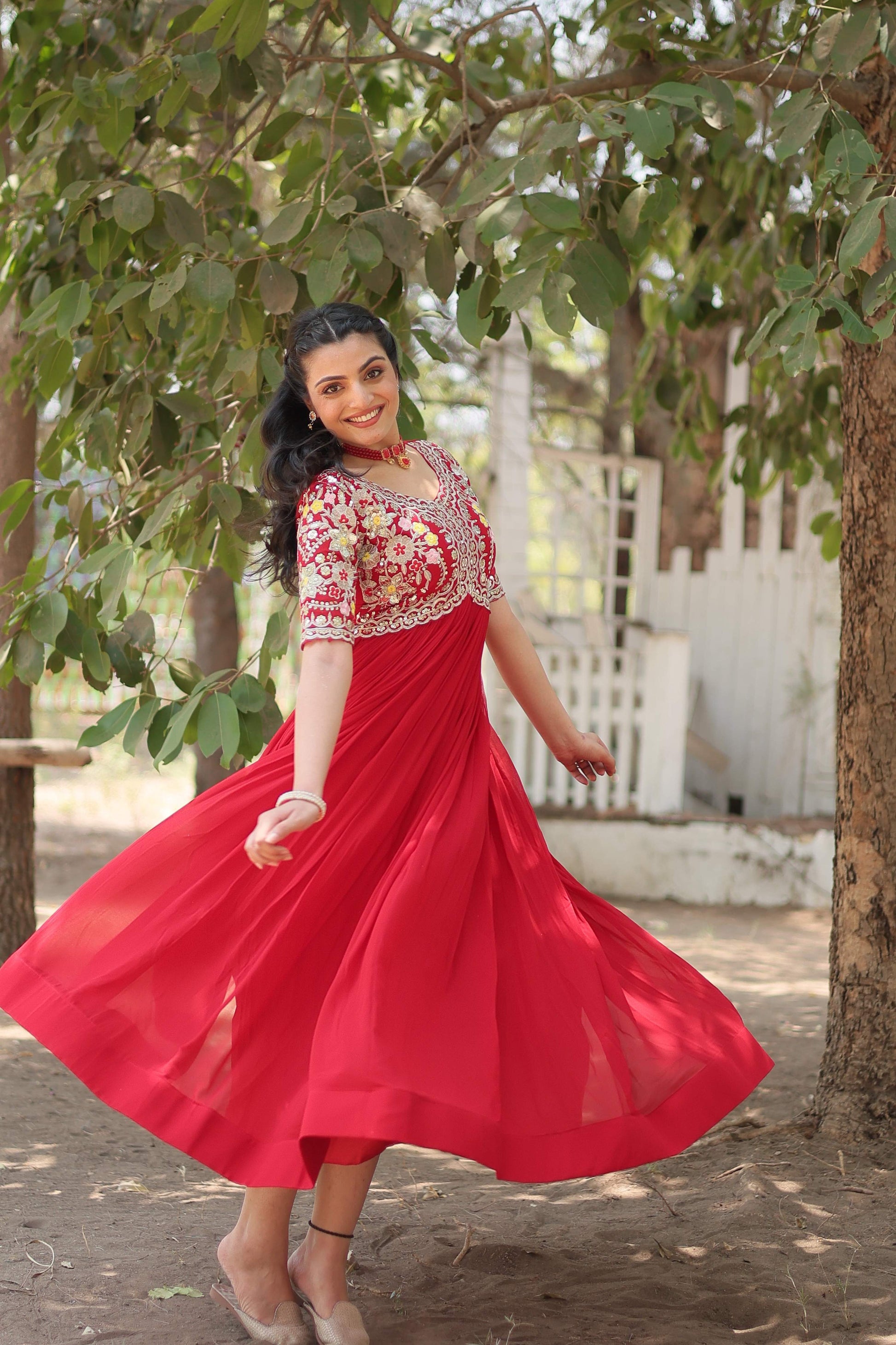 Teeya Creation Red Color Faux Georgette Embroidery Work Fully Stitched Kurti