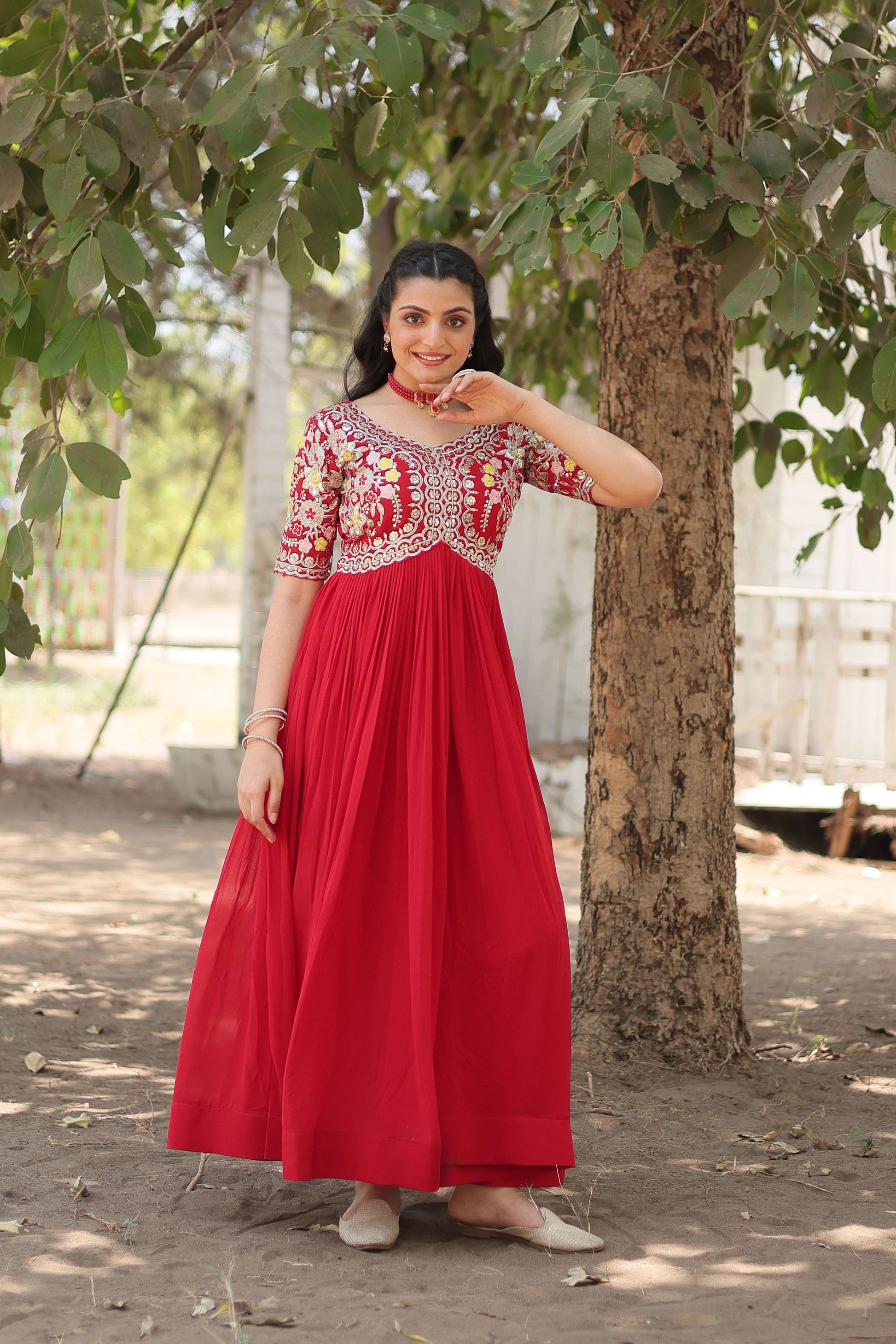 Teeya Creation Red Color Faux Georgette Embroidery Work Fully Stitched Kurti