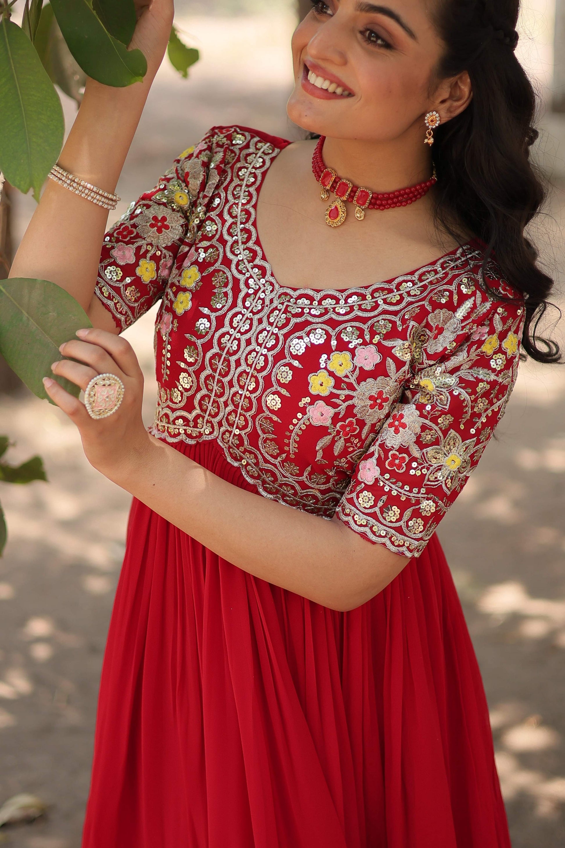 Teeya Creation Red Color Faux Georgette Embroidery Work Fully Stitched Kurti