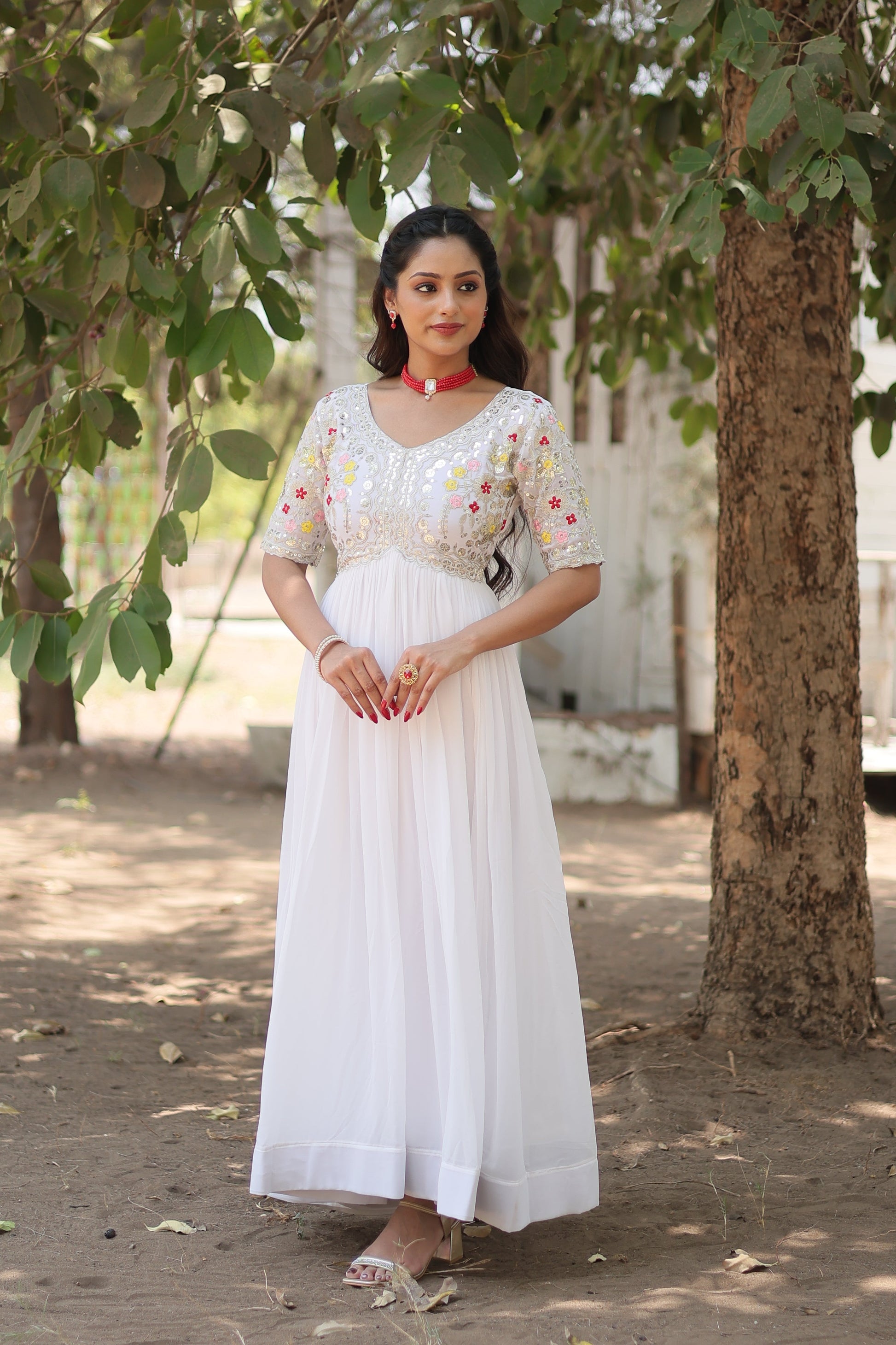 Teeya Creation White Color Faux Georgette Embroidery Work Fully Stitched Kurti