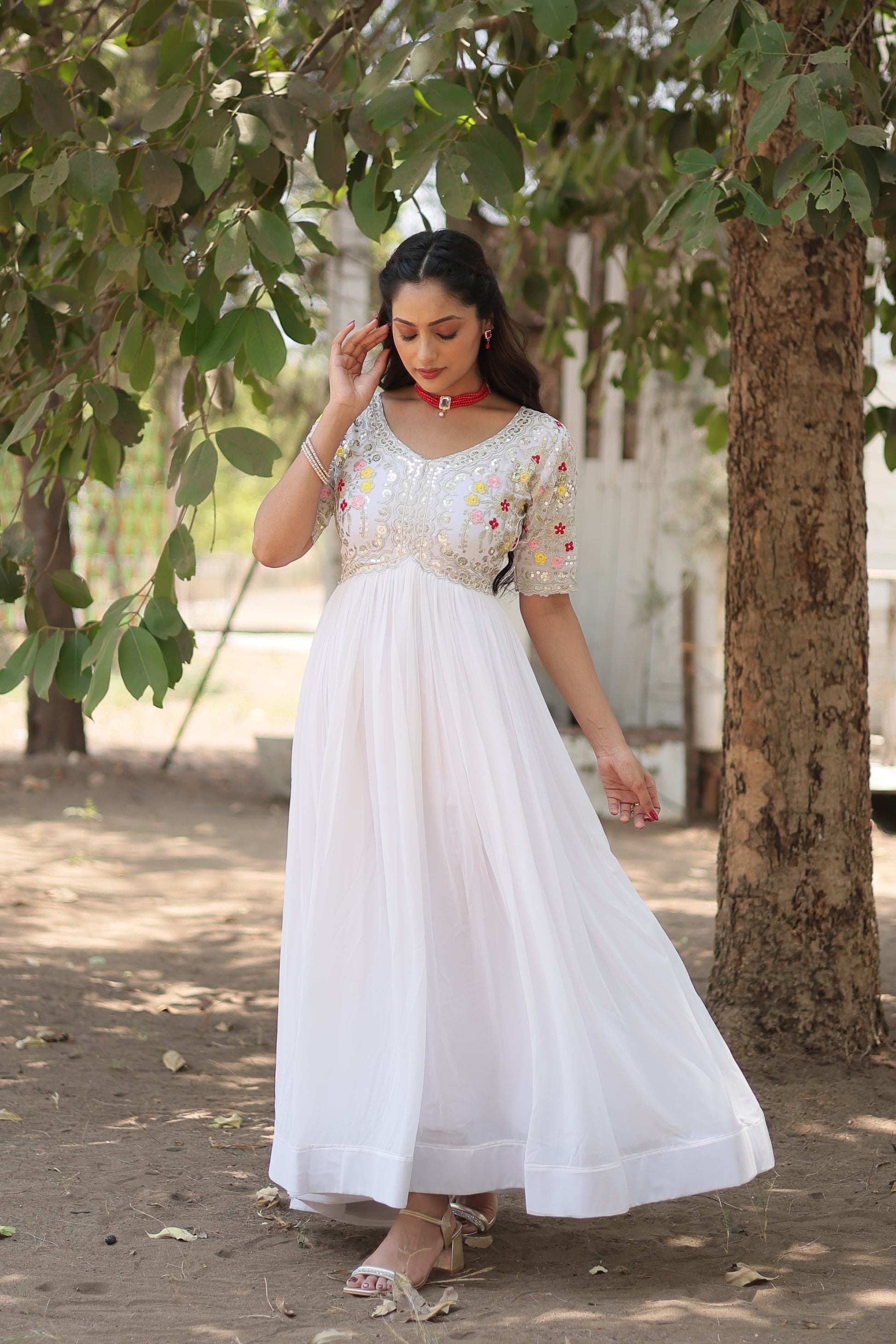 Teeya Creation White Color Faux Georgette Embroidery Work Fully Stitched Kurti