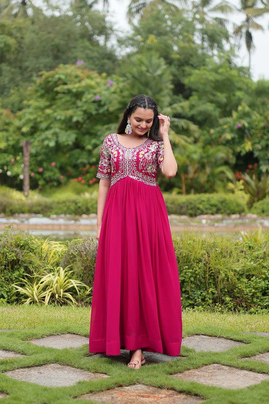 Teeya Creation Pink Color Faux Georgette Embroidery Work Fully Stitched Kurti