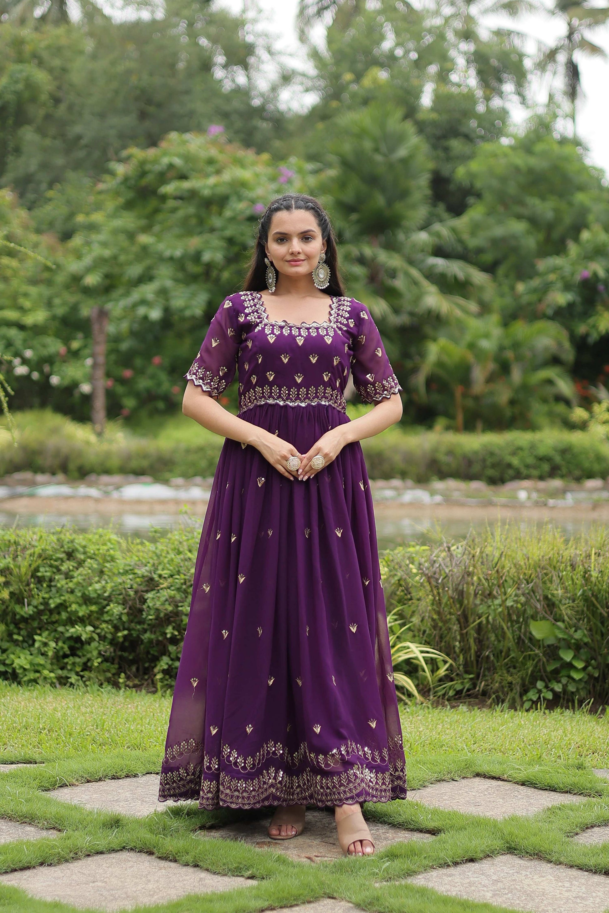 Teeya Creation Purple Color Faux Georgette Embroidery Work Fully Stitched Kurti