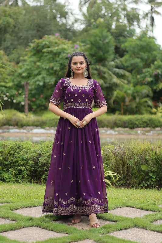 Teeya Creation Purple Color Faux Georgette Embroidery Work Fully Stitched Kurti