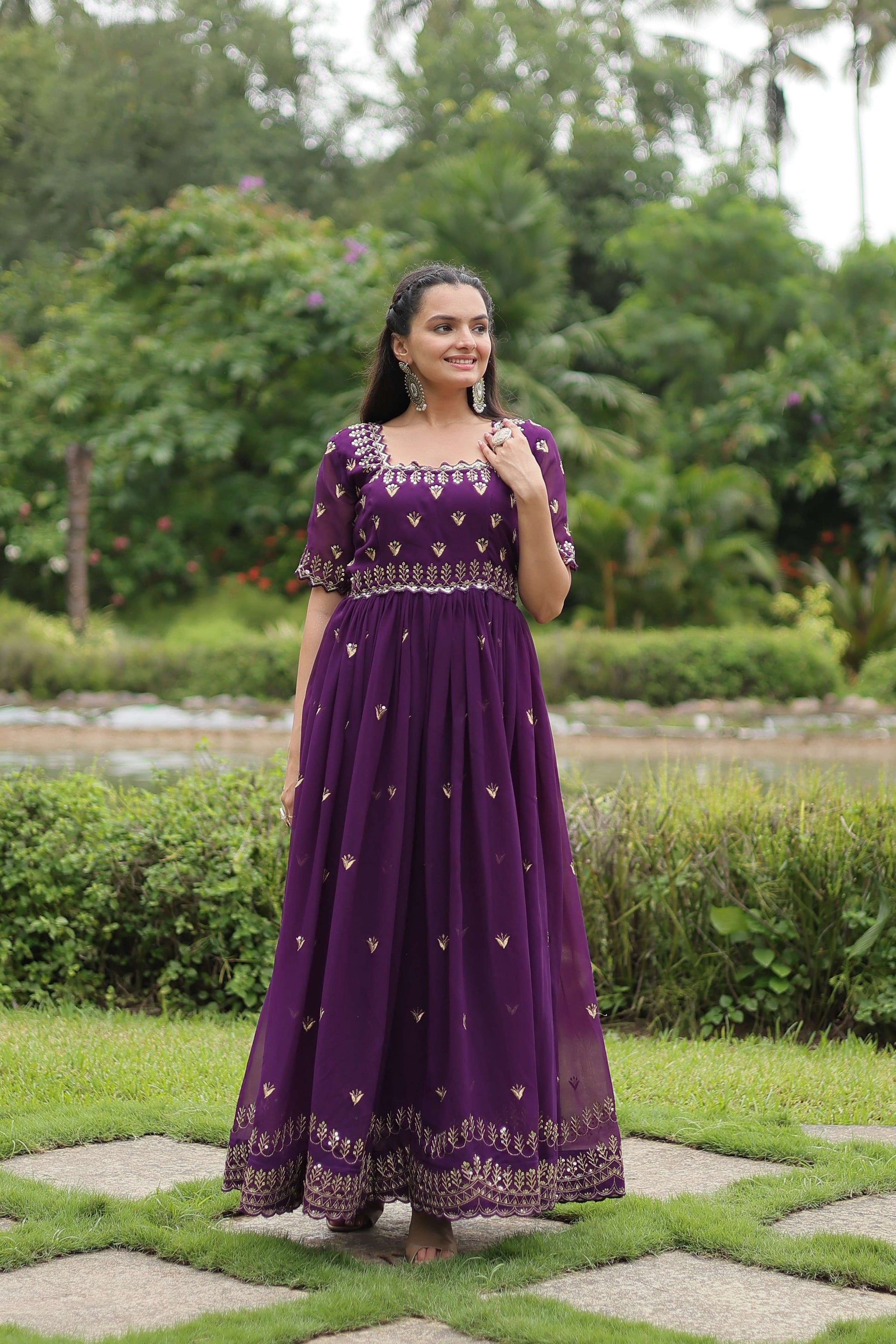 Teeya Creation Purple Color Faux Georgette Embroidery Work Fully Stitched Kurti
