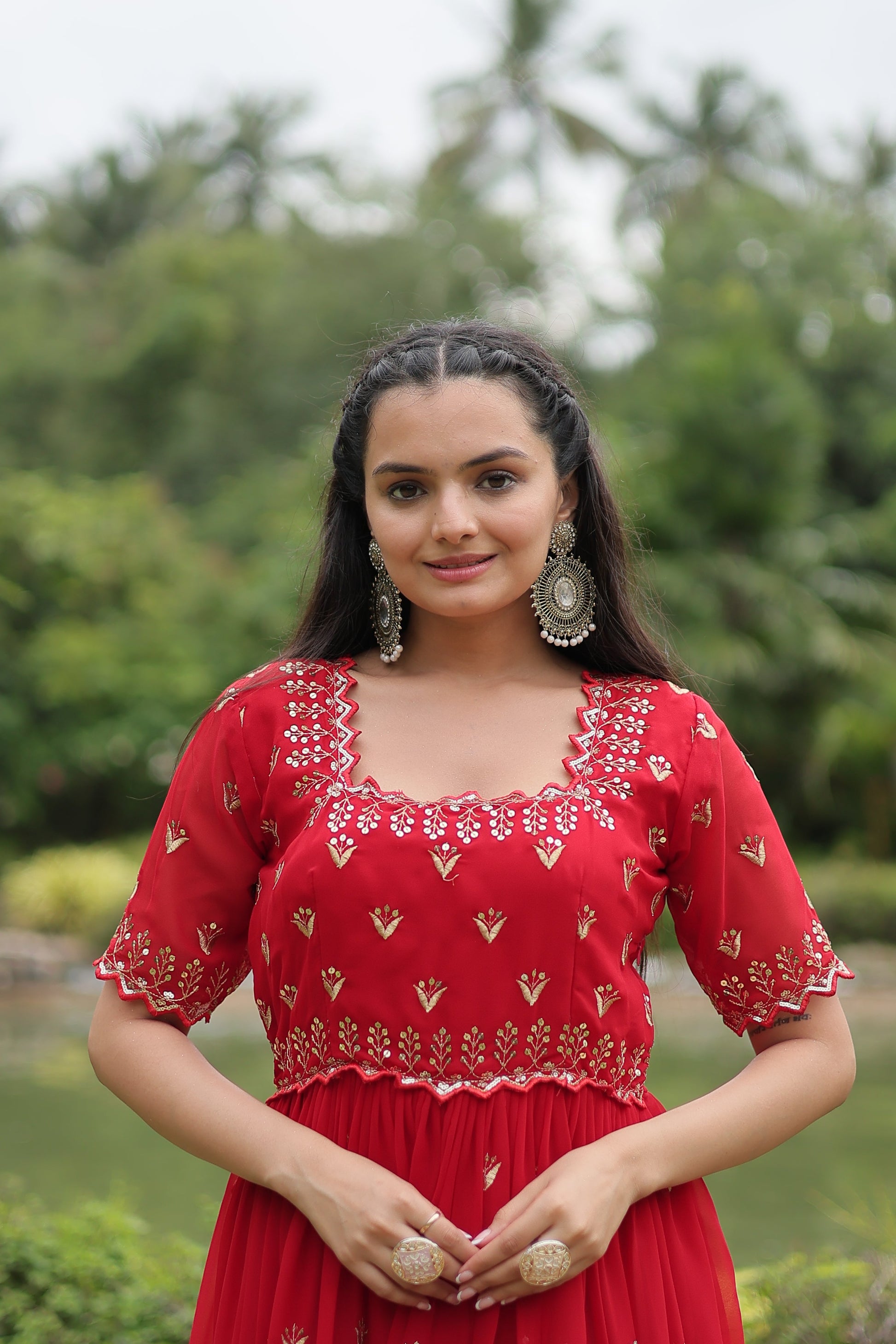 Teeya Creation Red Color Faux Georgette Embroidery Work Fully Stitched Kurti