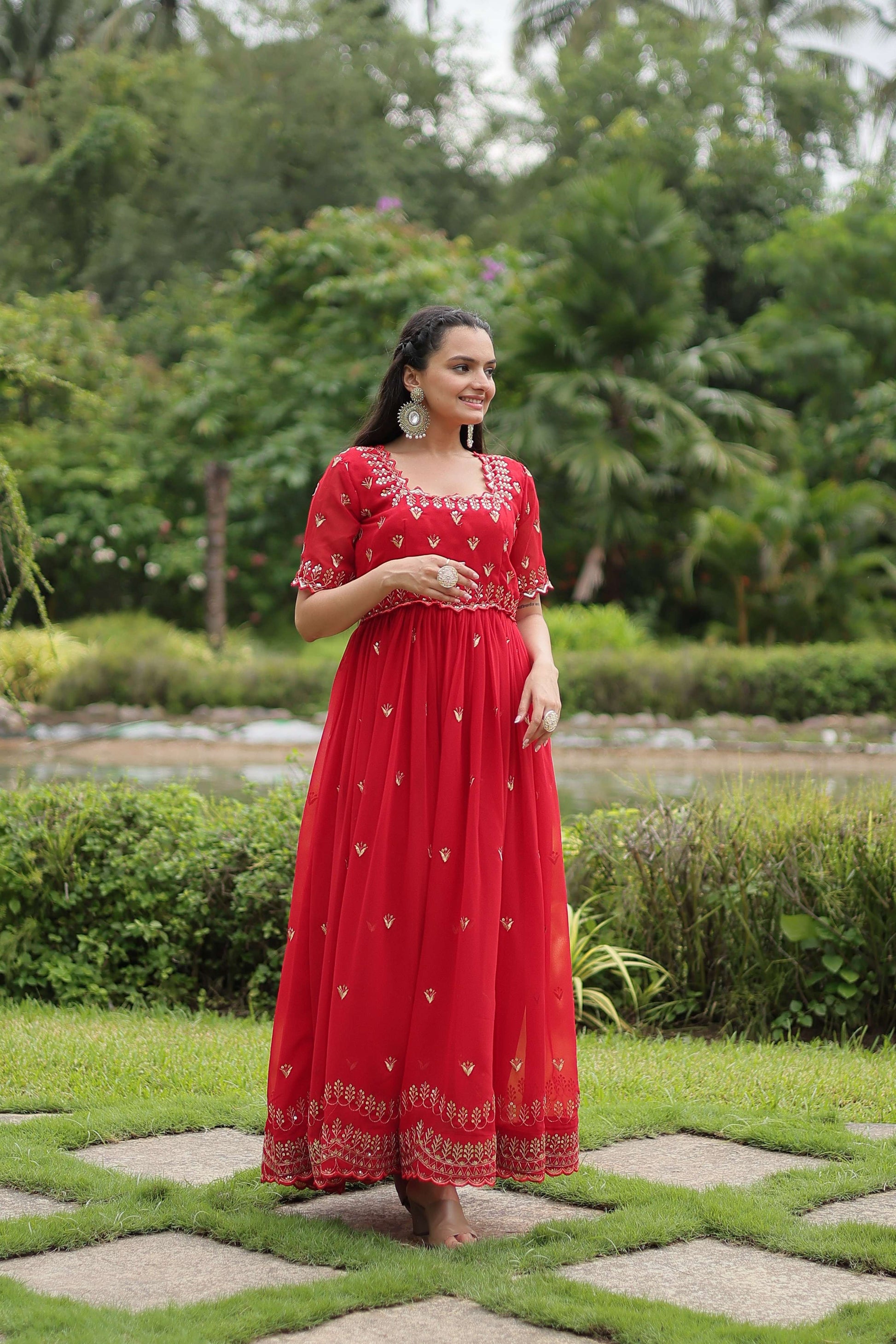 Teeya Creation Red Color Faux Georgette Embroidery Work Fully Stitched Kurti