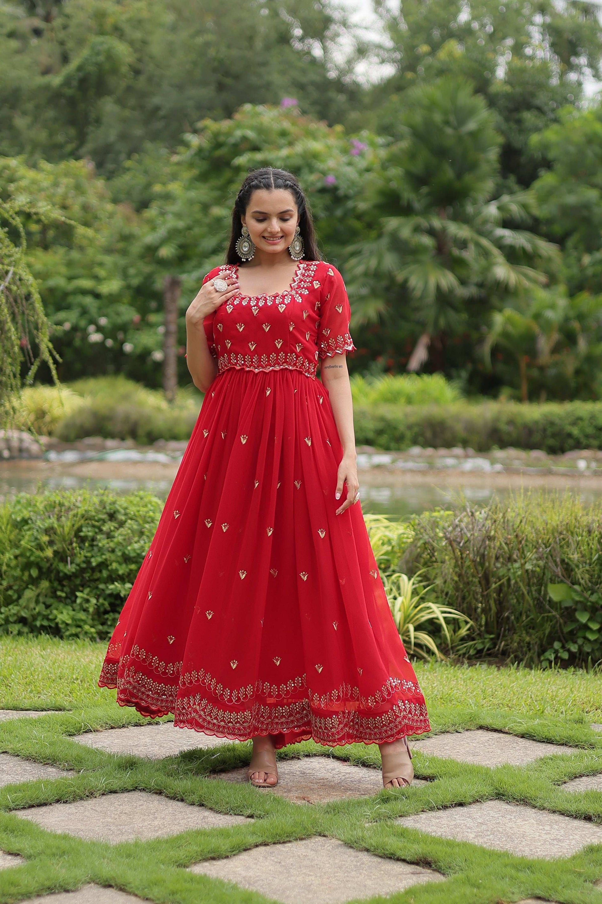 Teeya Creation Red Color Faux Georgette Embroidery Work Fully Stitched Kurti