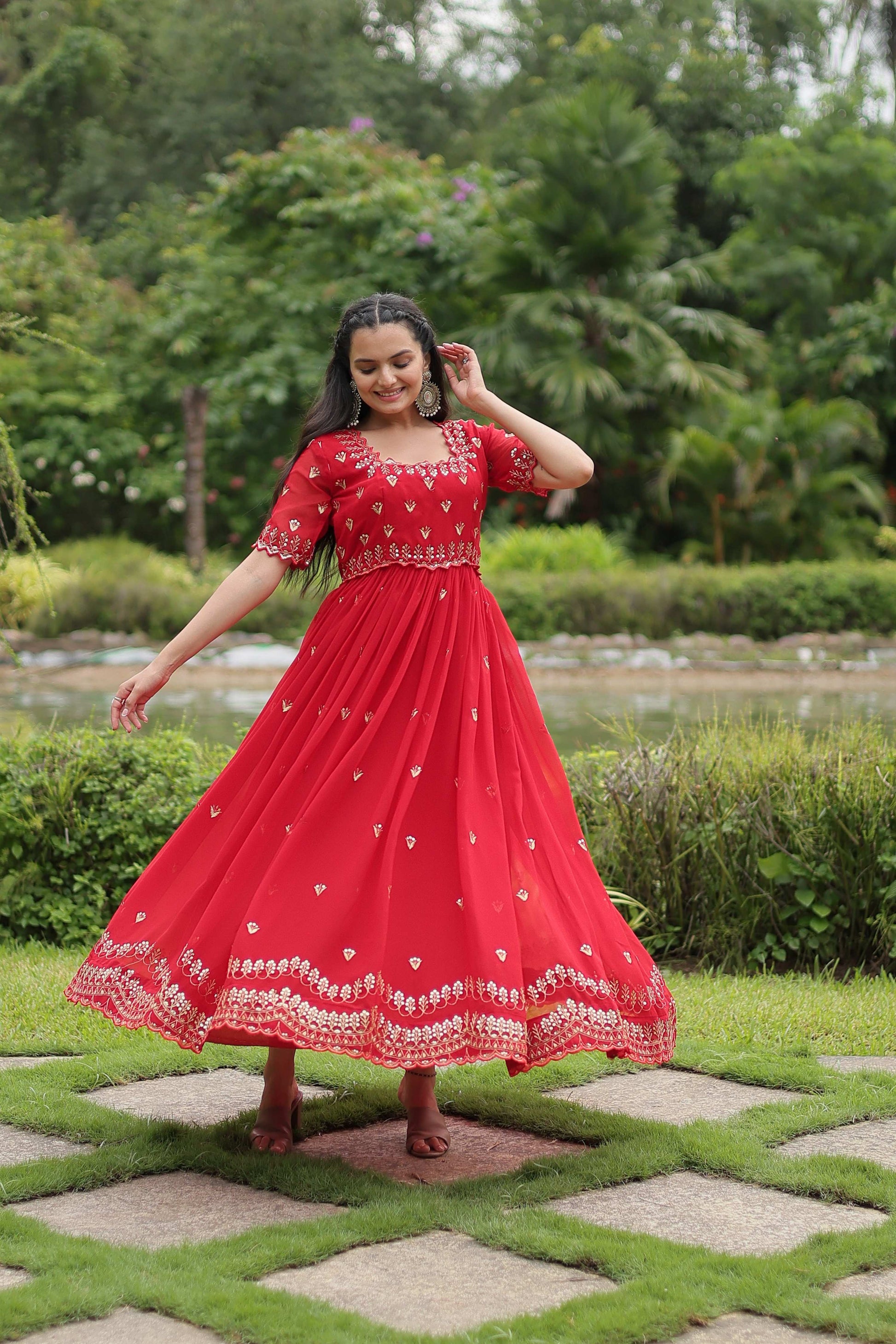 Teeya Creation Red Color Faux Georgette Embroidery Work Fully Stitched Kurti