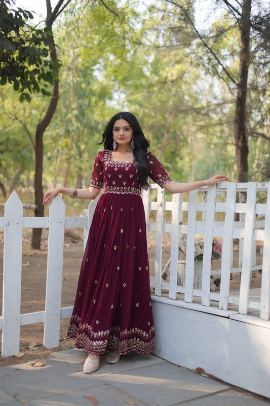 Teeya Creation Wine Color Faux Georgette Embroidery Work Fully Stitched Kurti
