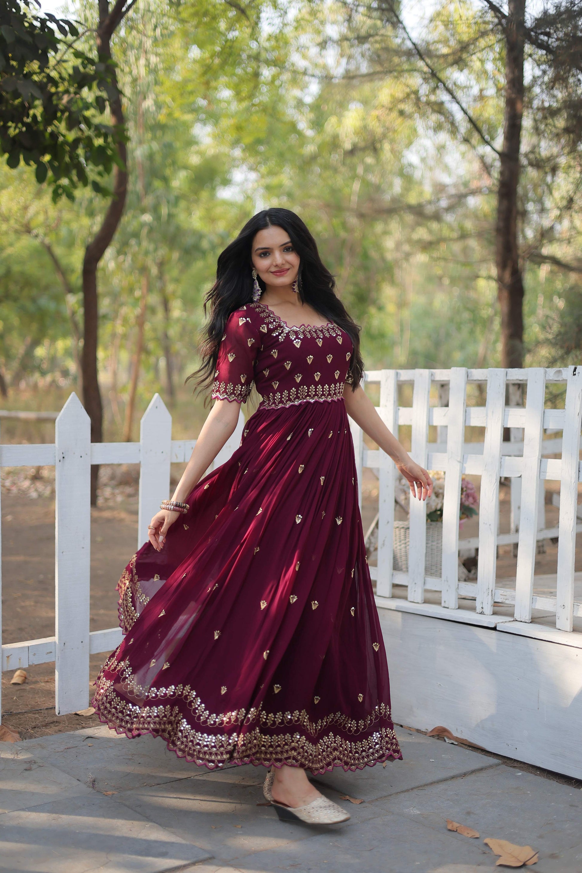 Teeya Creation Wine Color Faux Georgette Embroidery Work Fully Stitched Kurti