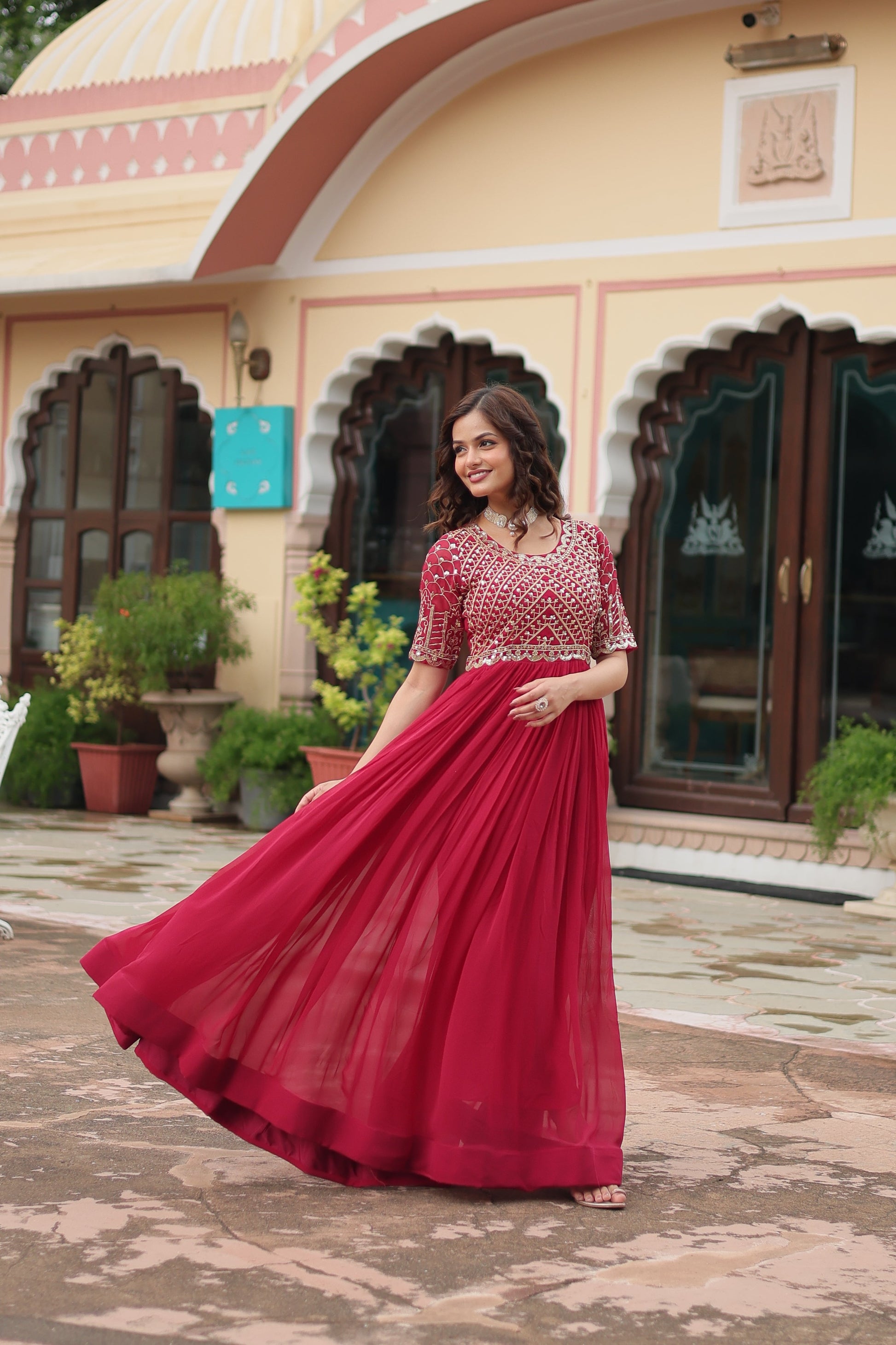 Teeya Creation Pink Color Faux Georgette Embroidery Work Fully Stitched Kurti
