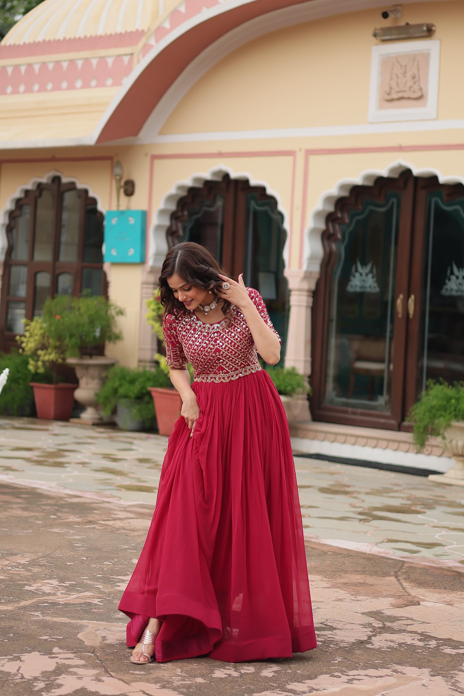Teeya Creation Pink Color Faux Georgette Embroidery Work Fully Stitched Kurti