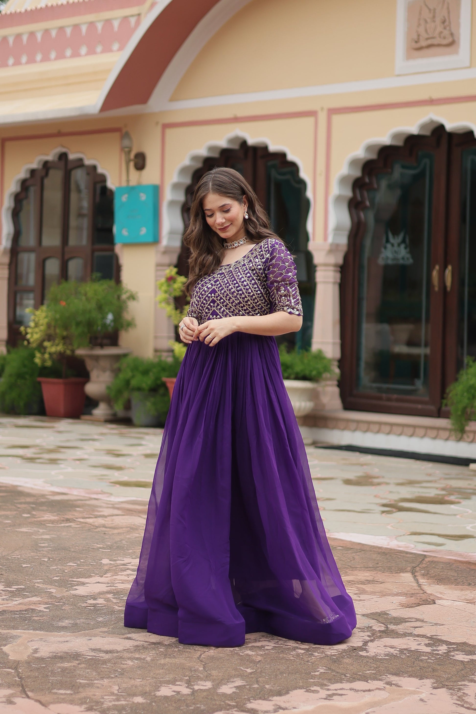 Teeya Creation Purple Color Faux Georgette Embroidery Work Fully Stitched Kurti
