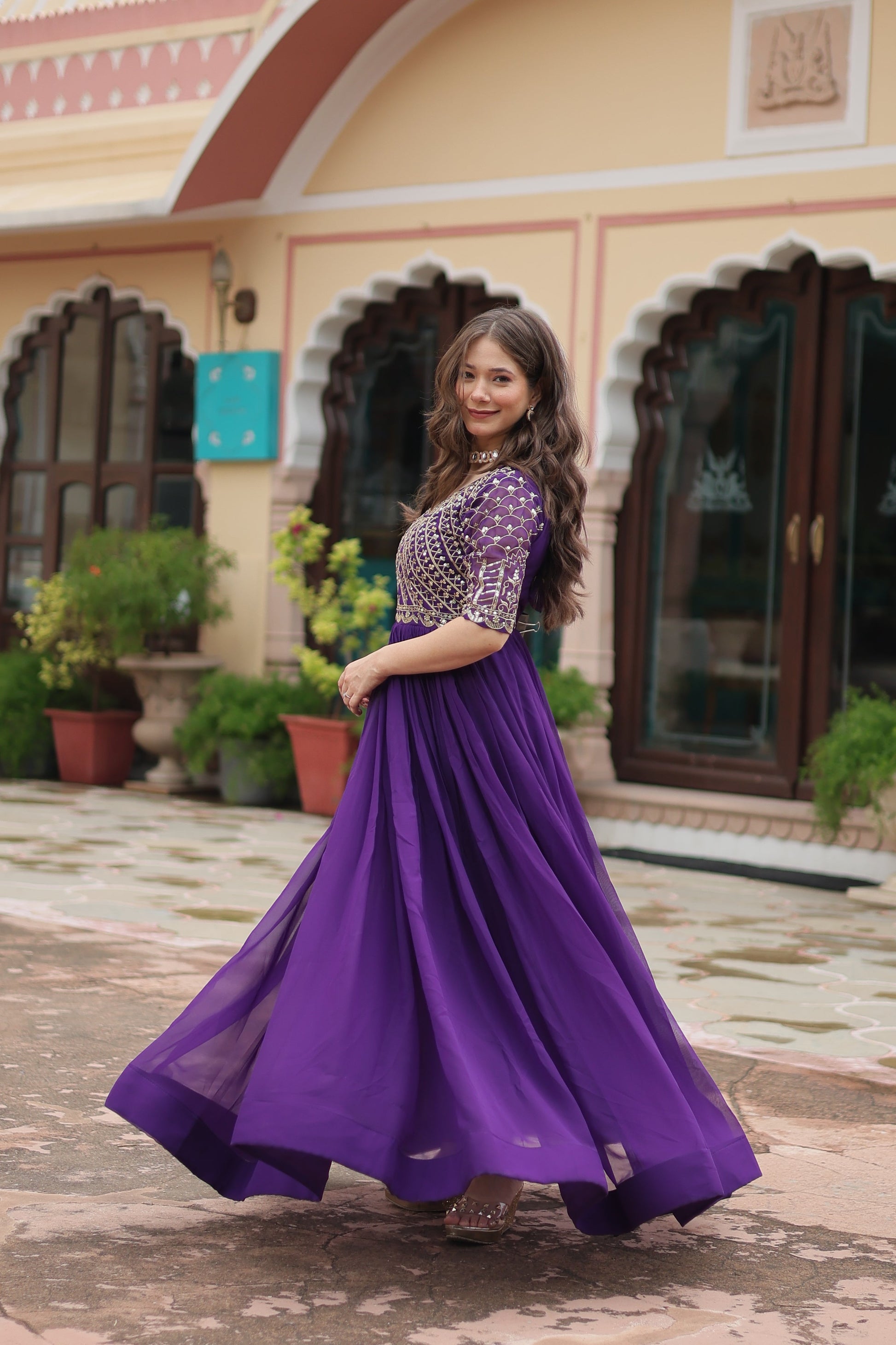 Teeya Creation Purple Color Faux Georgette Embroidery Work Fully Stitched Kurti