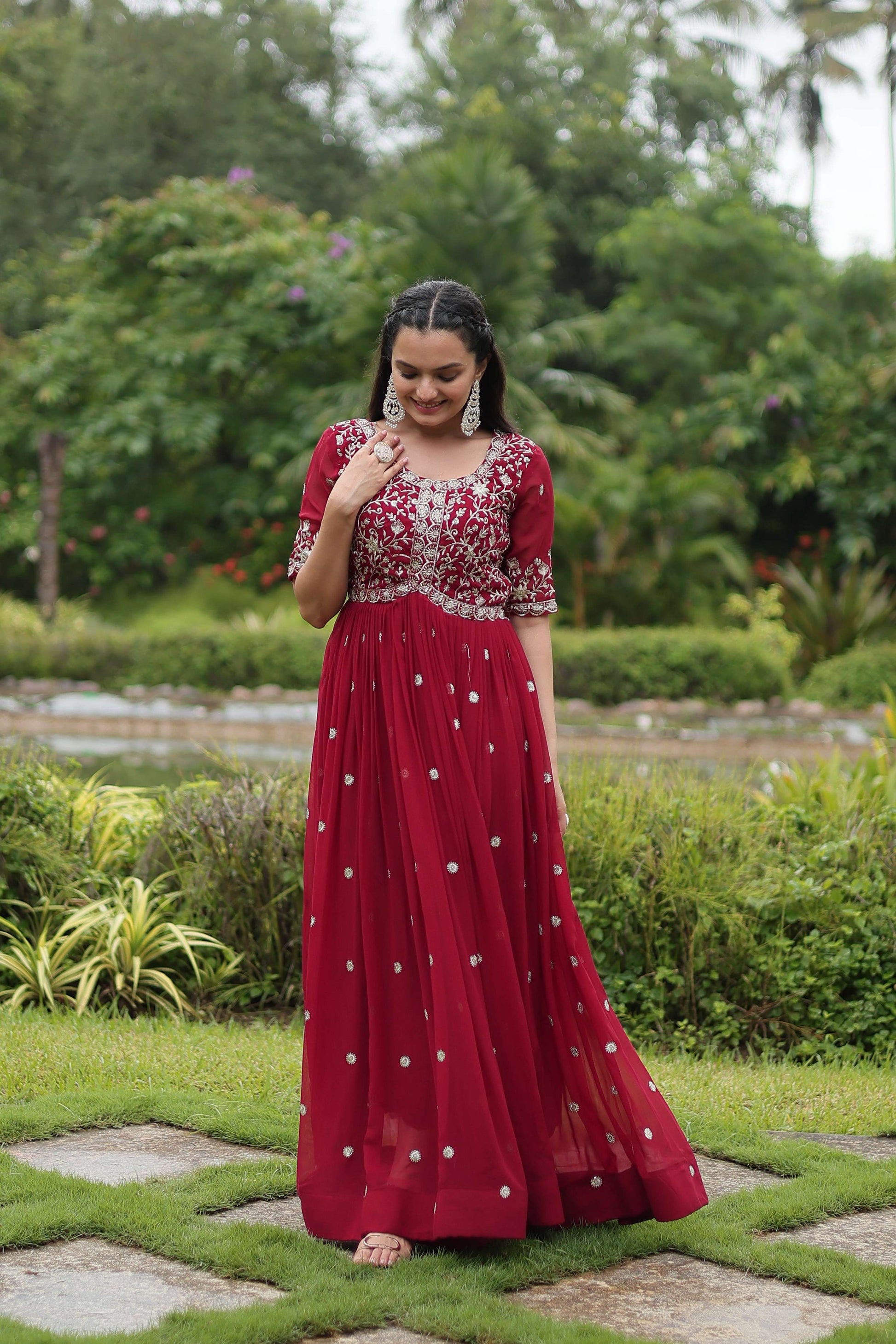 Teeya Creation Maroon Color Faux Georgette Embroidery Work Fully Stitched Kurti