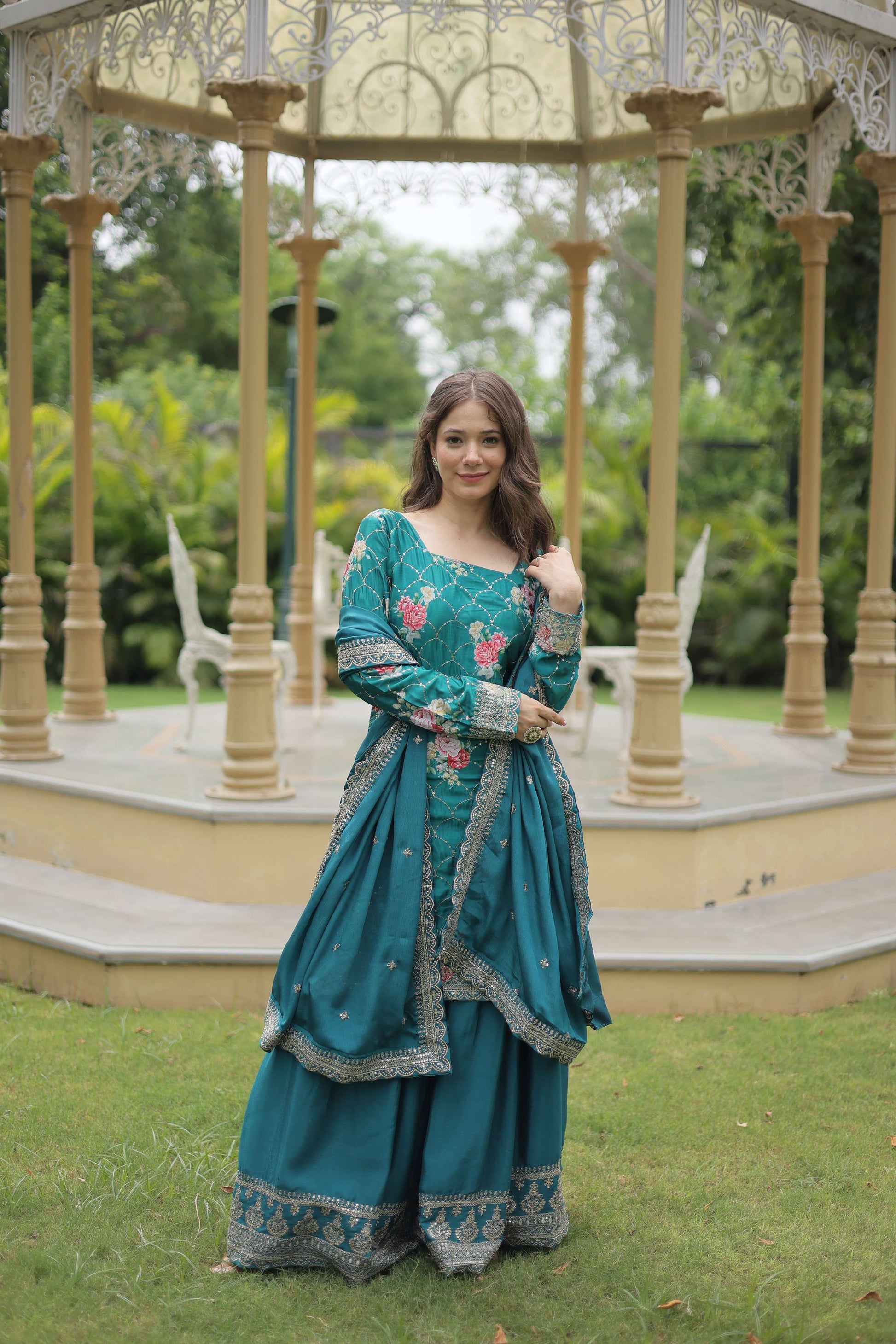 Teeya Creation Rama Color Chinon Silk Digital Print With Embroidery Work Fully Stitched Plazo Pair