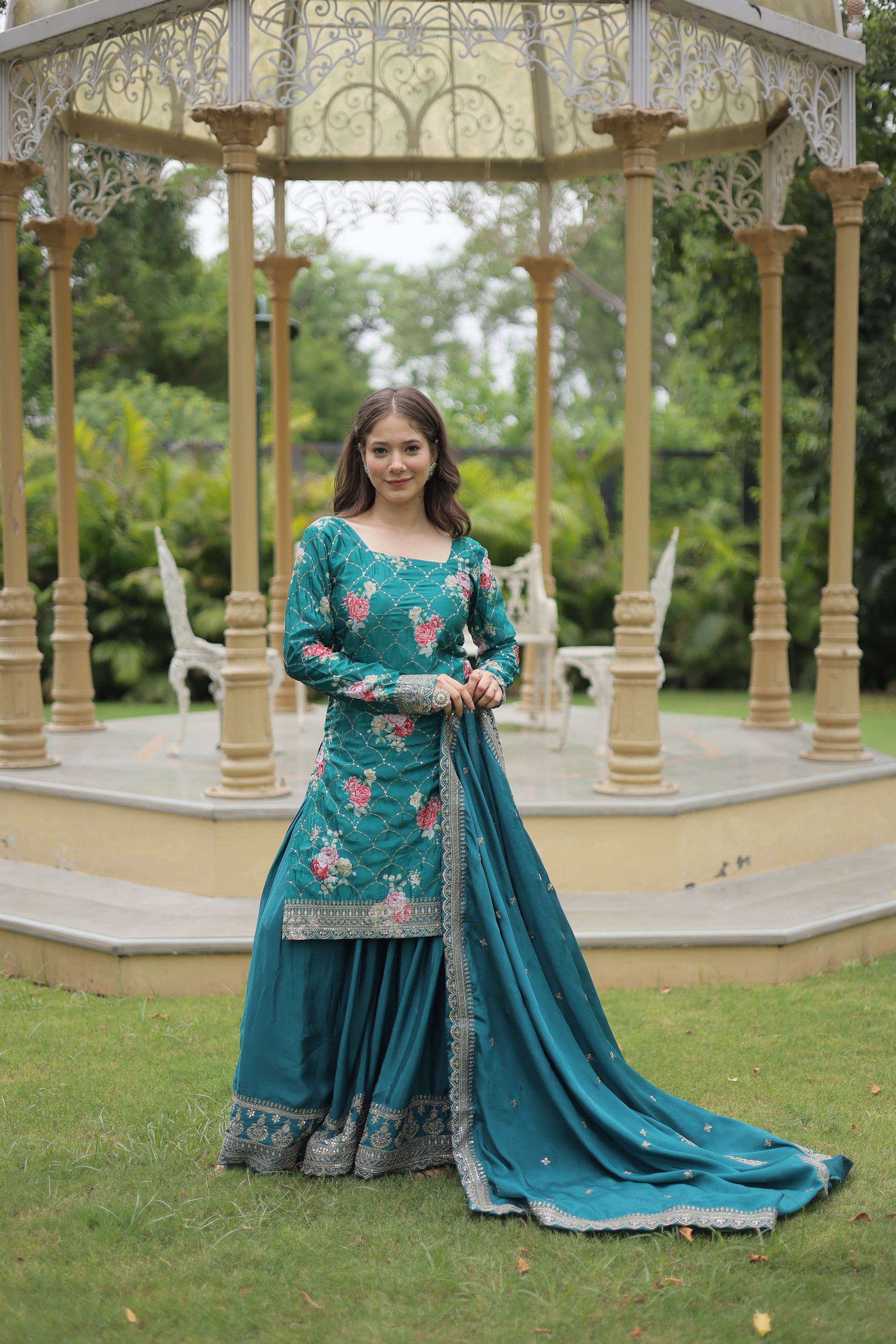 Teeya Creation Rama Color Chinon Silk Digital Print With Embroidery Work Fully Stitched Plazo Pair