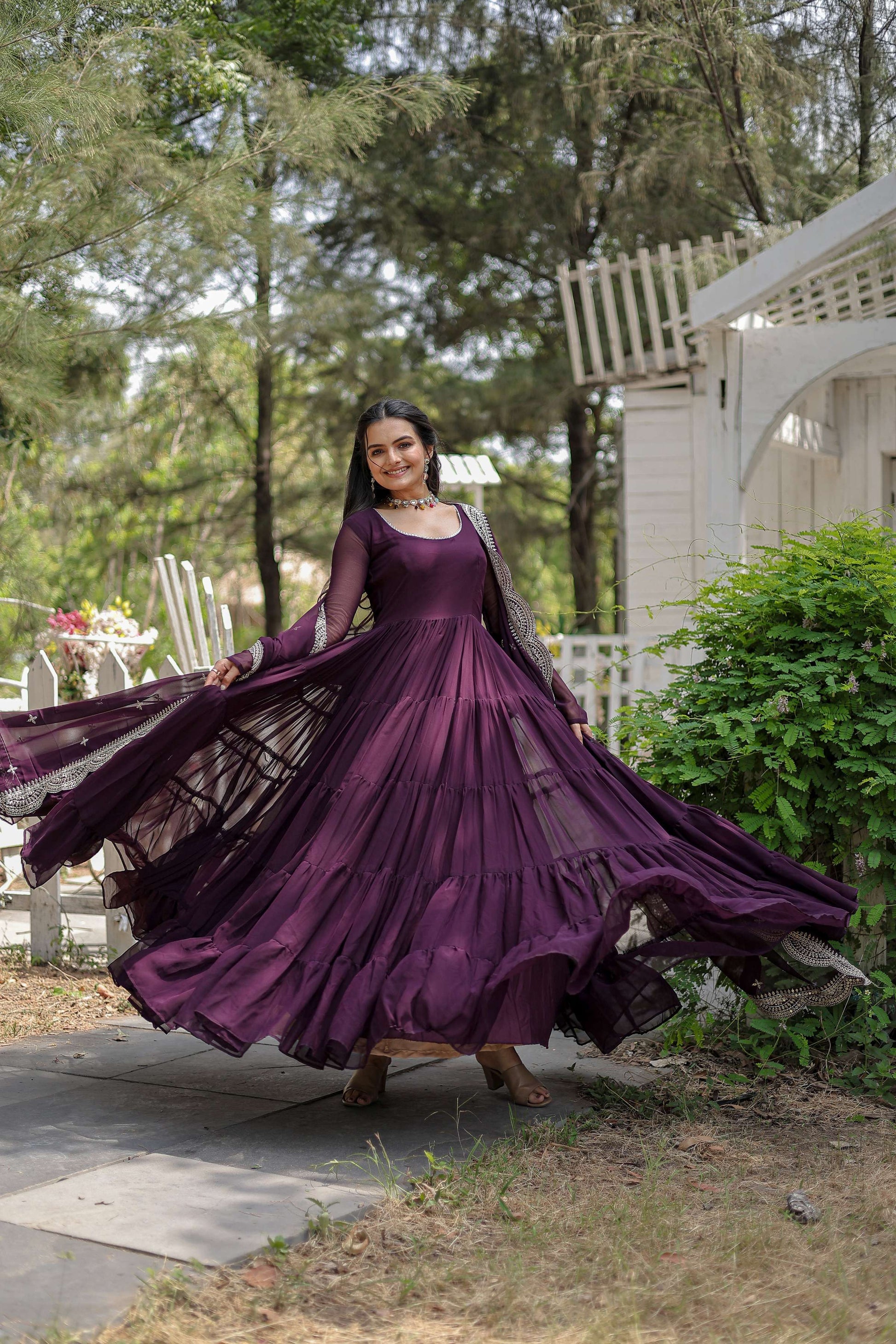 Teeya Creation Wine Color Faux Georgette Heavy Embroidery Work Dupatta Fully Stitched Gown