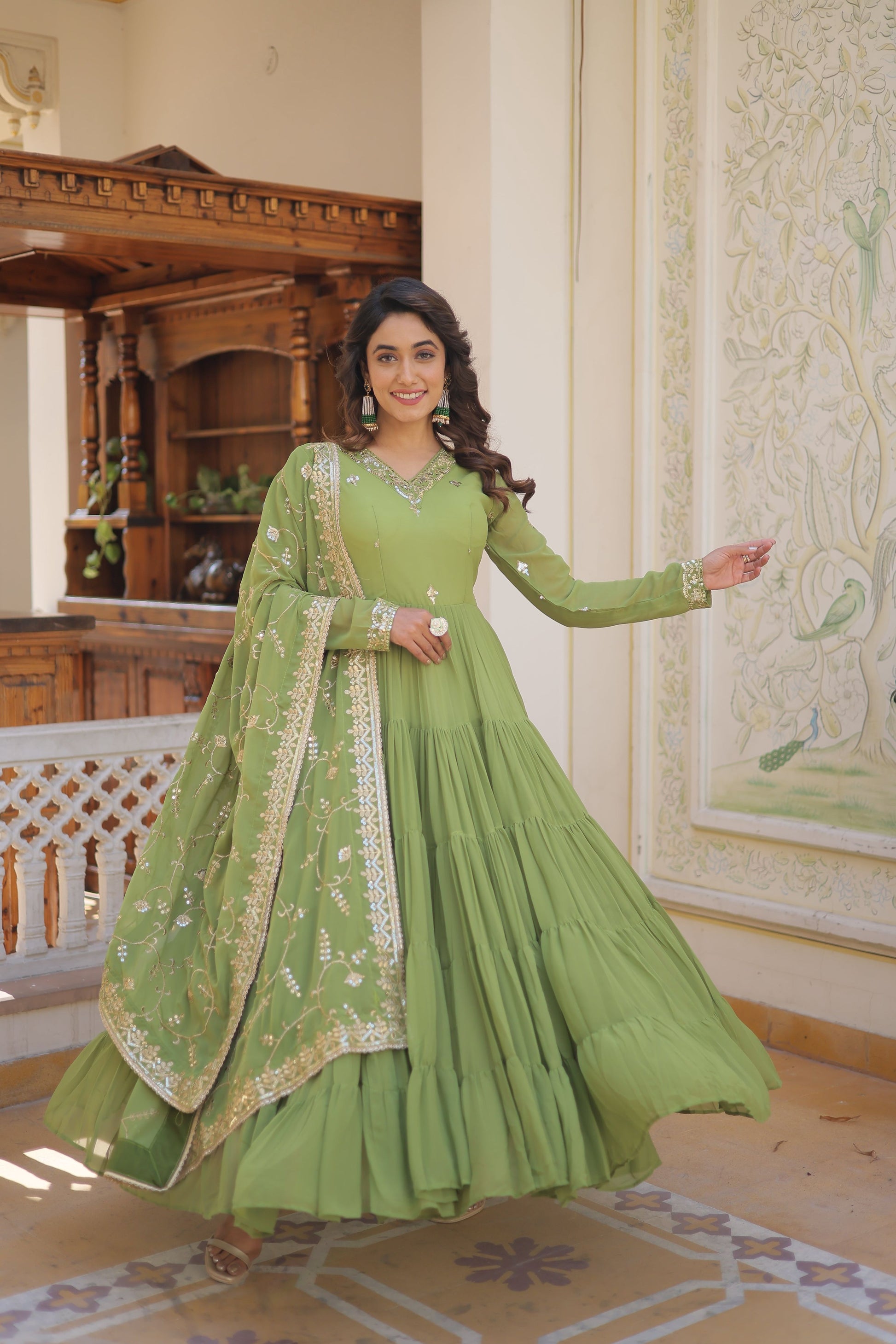 Teeya Creation Green Color Faux Georgette Heavy Work Fully Stitched Gown