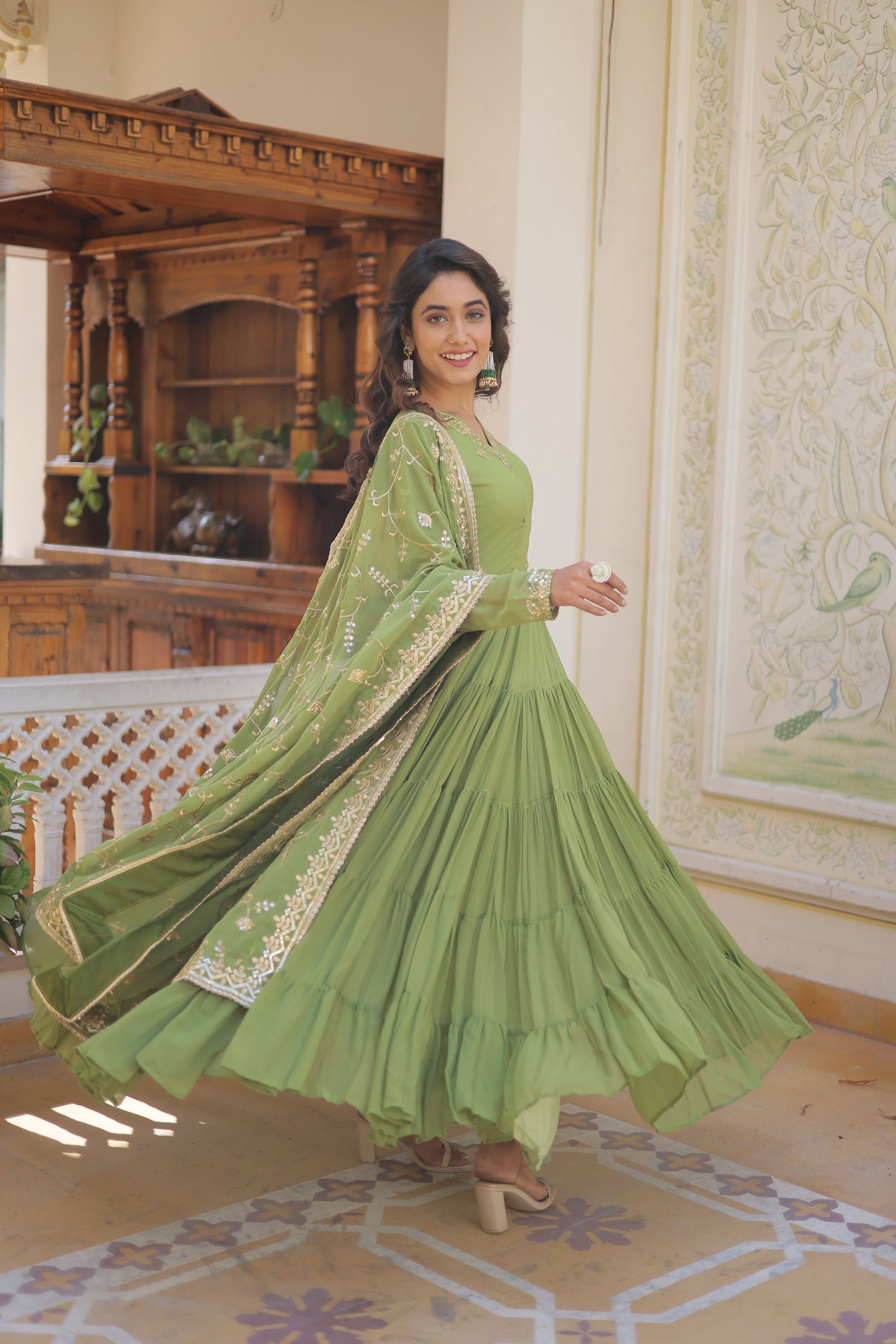 Teeya Creation Green Color Faux Georgette Heavy Work Fully Stitched Gown