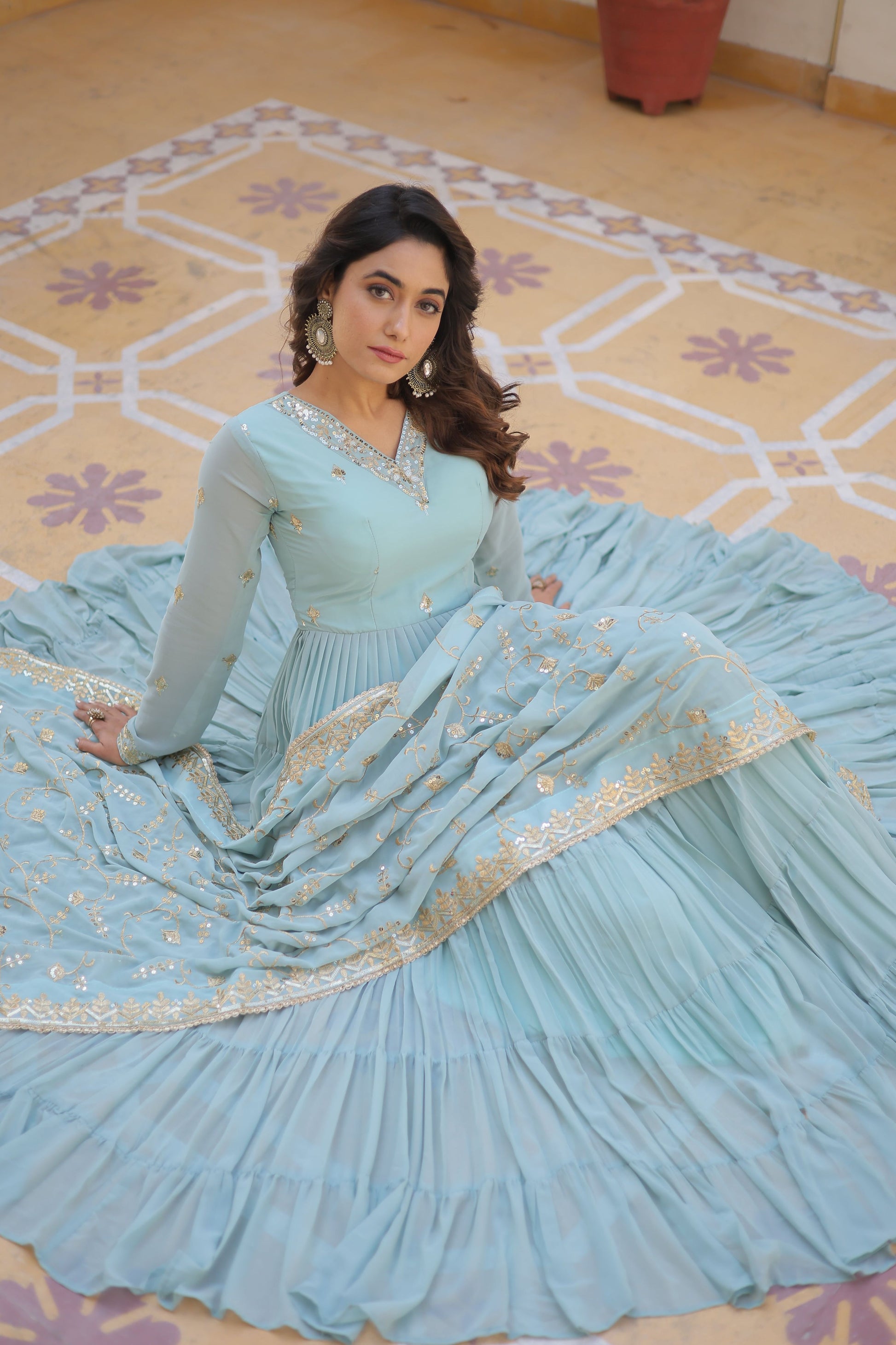 Teeya Creation Sky Color Faux Georgette Heavy Work Fully Stitched Gown