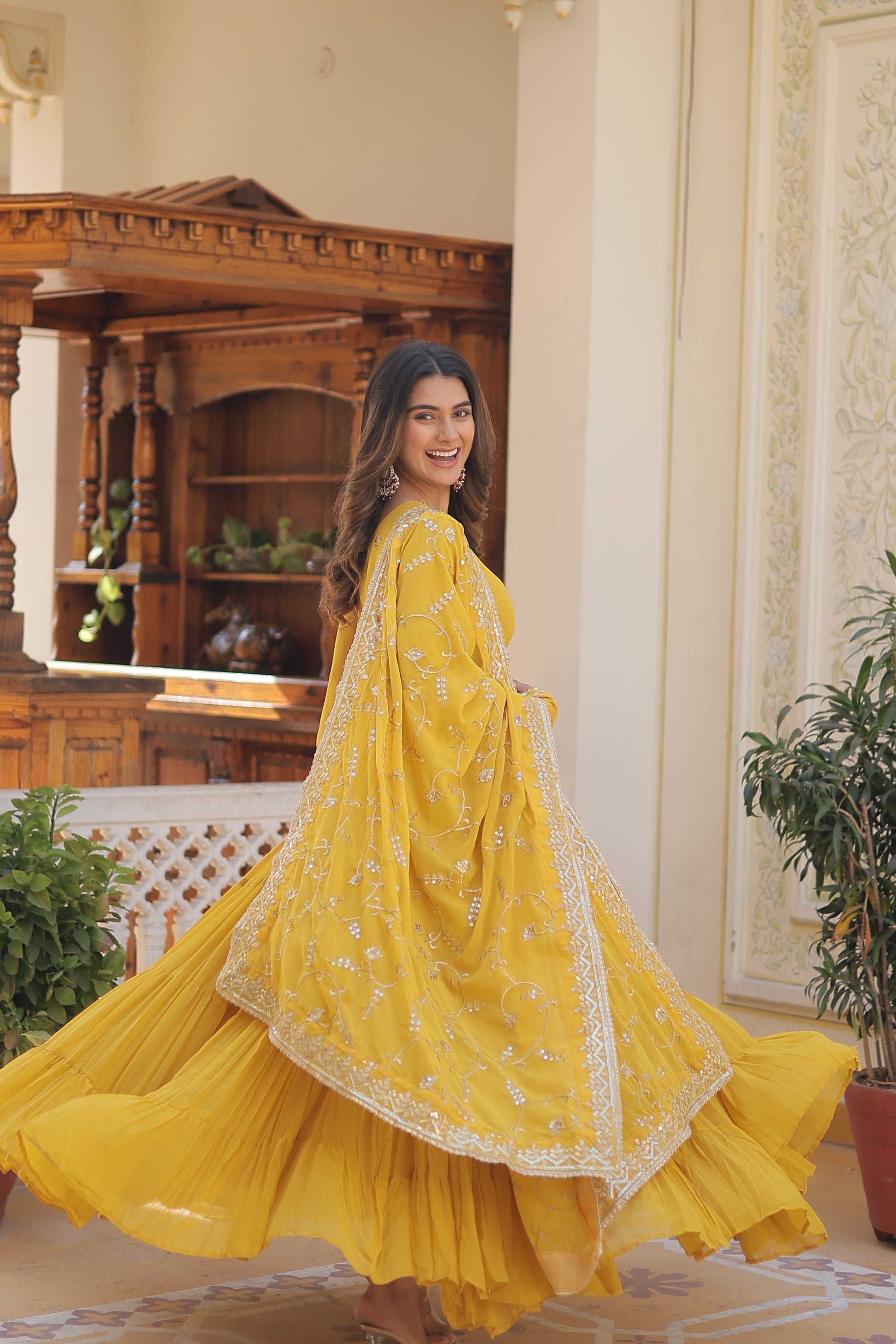 Teeya Creation Yellow Color Faux Georgette Heavy Work Fully Stitched Gown