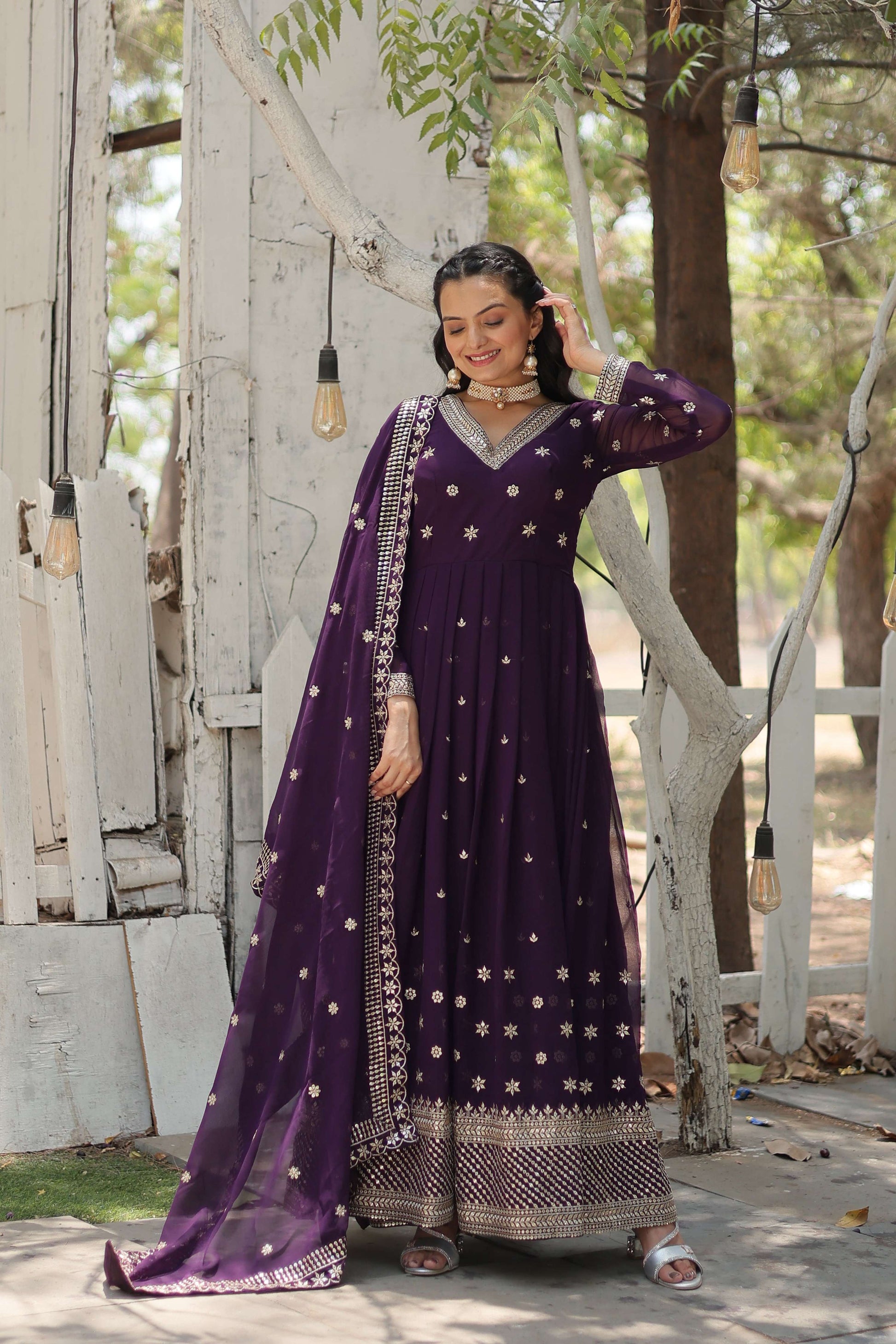 Teeya Creation Purple Color Faux Georgette Heavy Work Fully Stitched Gown