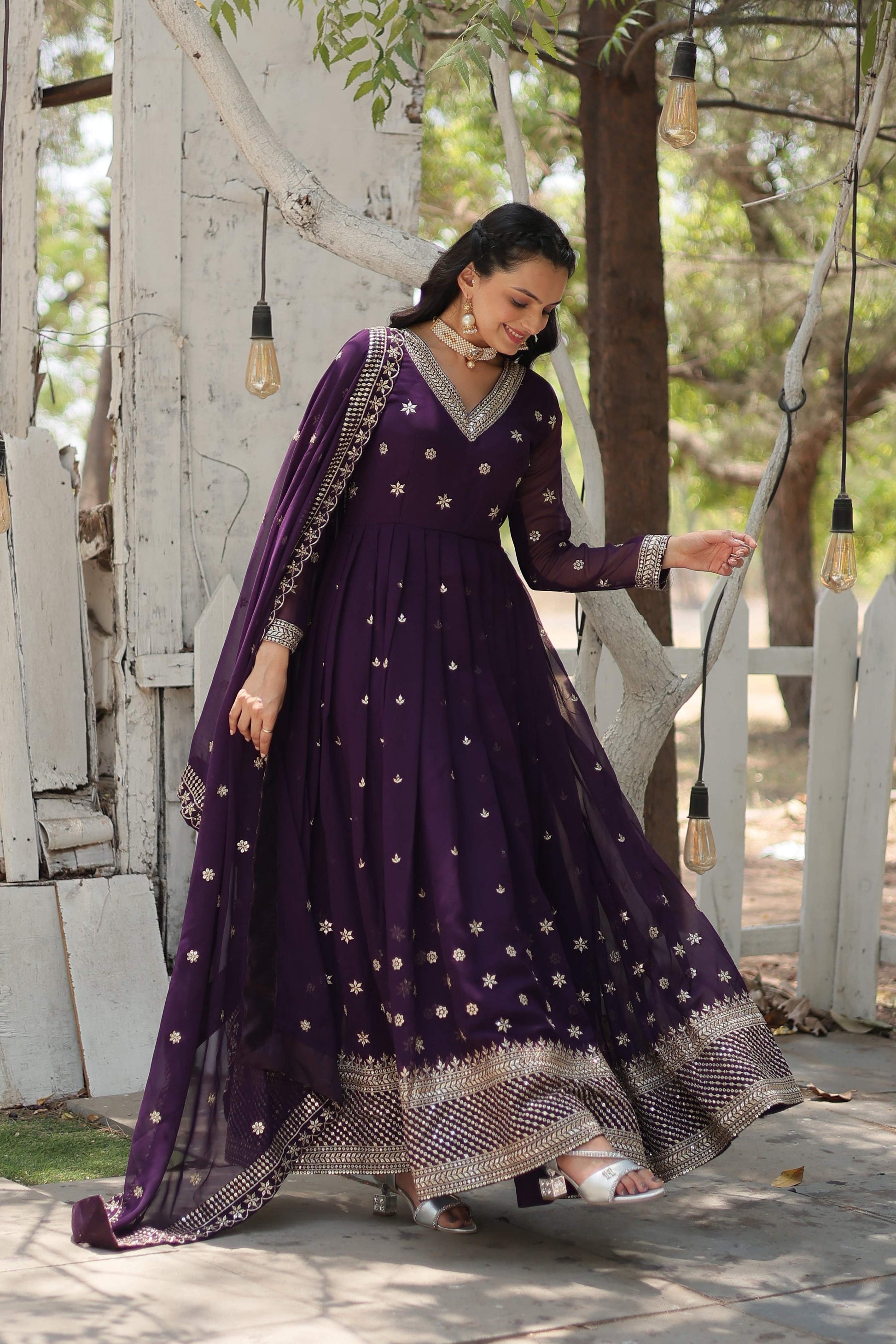 Teeya Creation Purple Color Faux Georgette Heavy Work Fully Stitched Gown