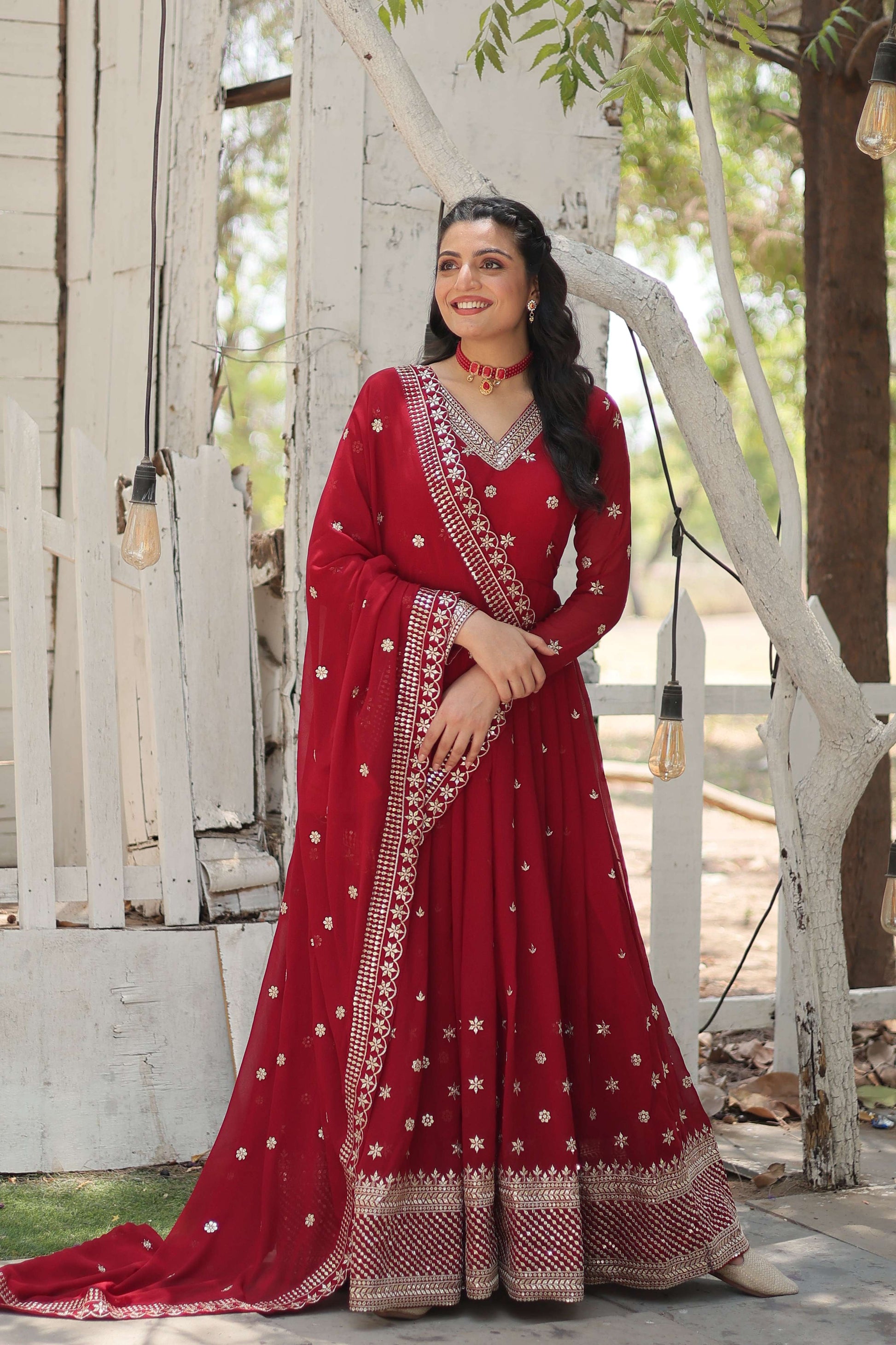 Teeya Creation Maroon Color Faux Georgette Heavy Work Fully Stitched Gown