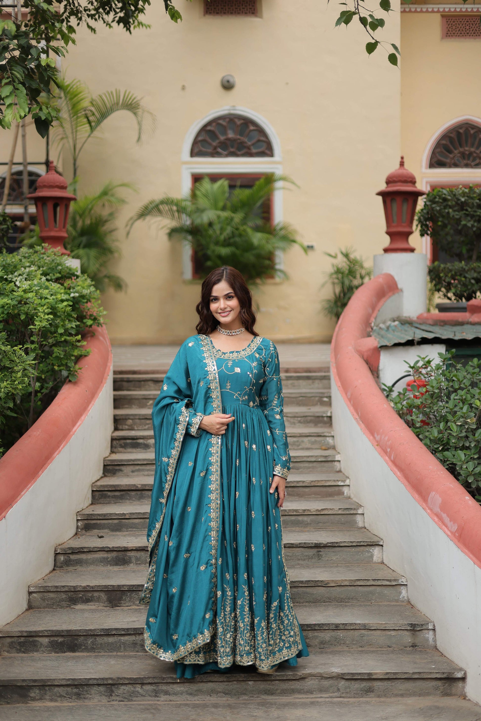 Teeya Creation Rama Color Chinon Silk Embroidery Work Fully Stitched Plazo With Anrkaly Gown