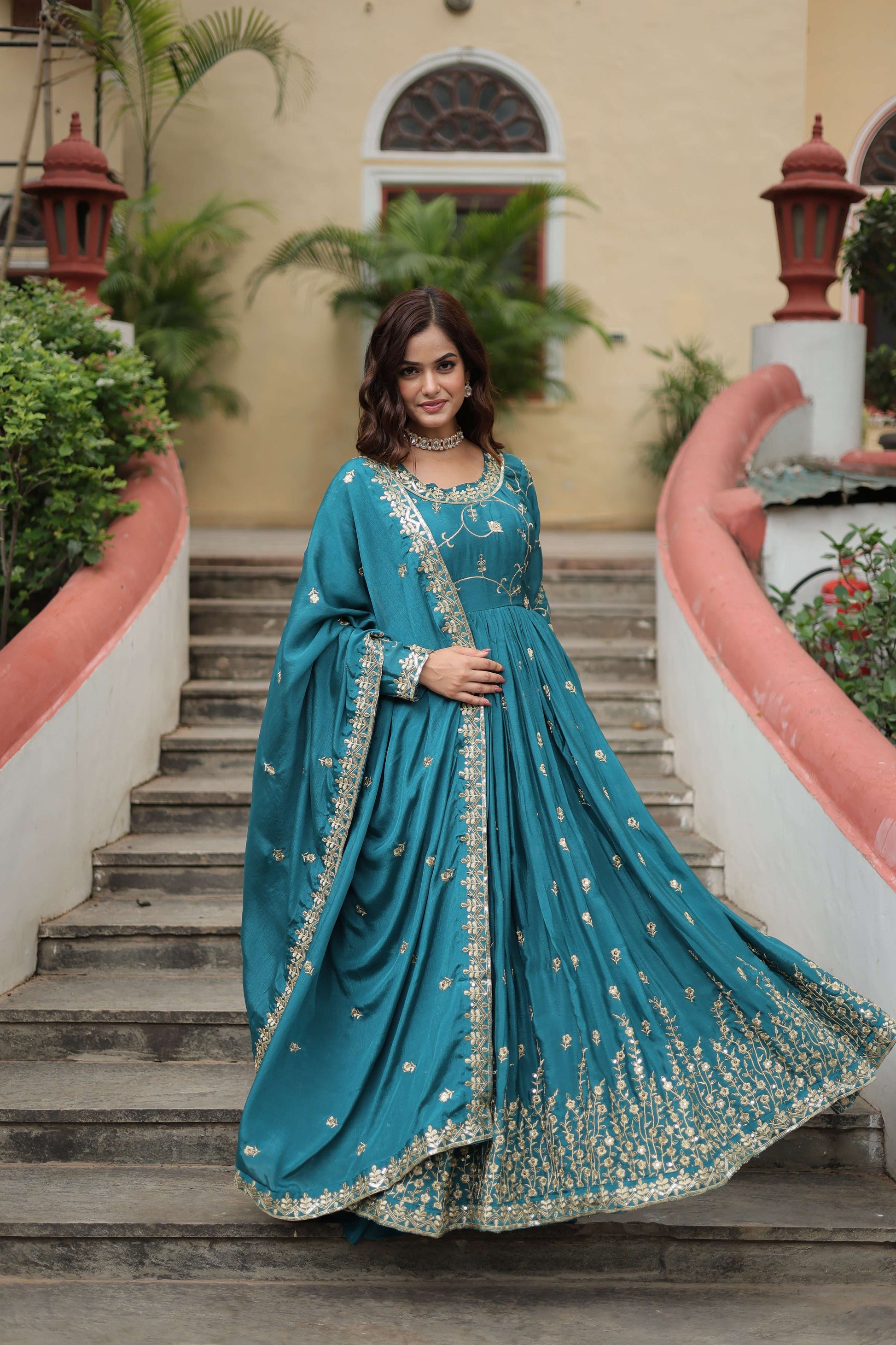 Teeya Creation Rama Color Chinon Silk Embroidery Work Fully Stitched Plazo With Anrkaly Gown