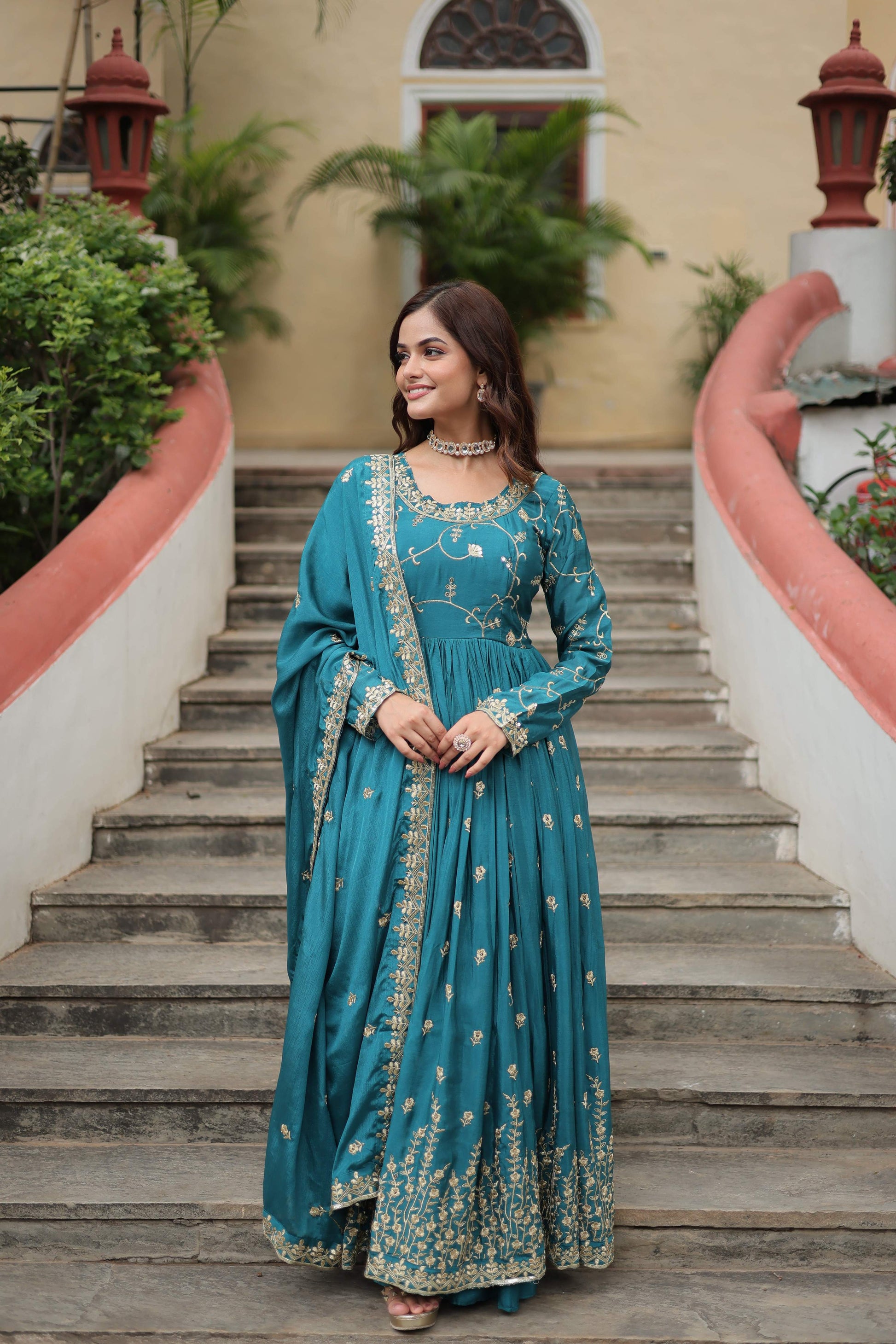 Teeya Creation Rama Color Chinon Silk Embroidery Work Fully Stitched Plazo With Anrkaly Gown
