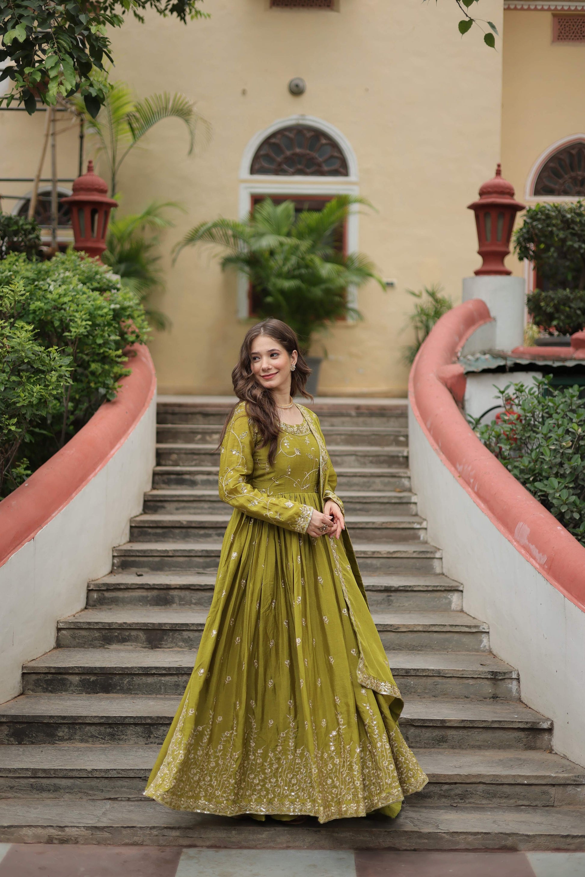 Teeya Creation Parrot Color Chinon Silk Embroidery Work Fully Stitched Plazo With Anrkaly Gown