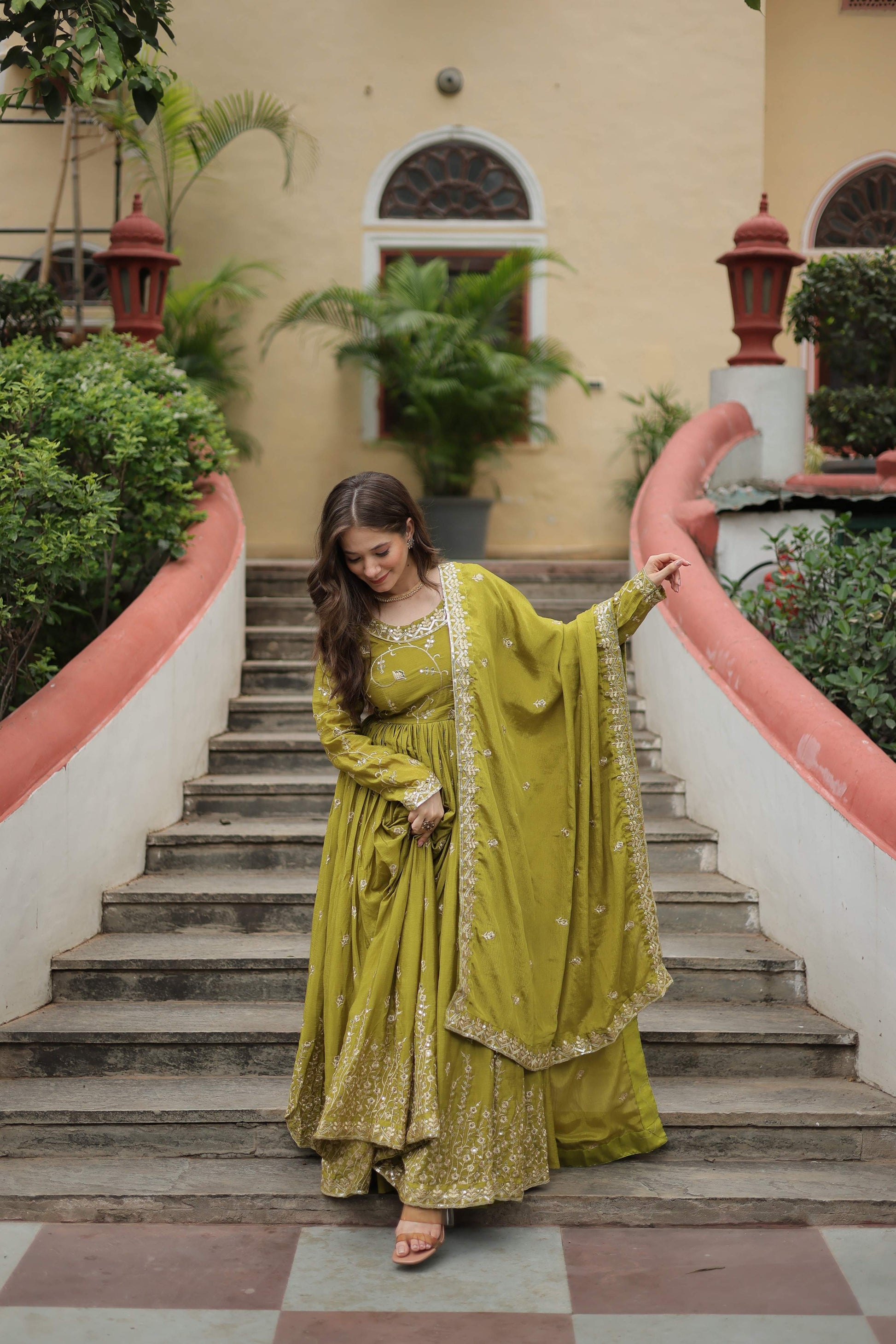 Teeya Creation Parrot Color Chinon Silk Embroidery Work Fully Stitched Plazo With Anrkaly Gown