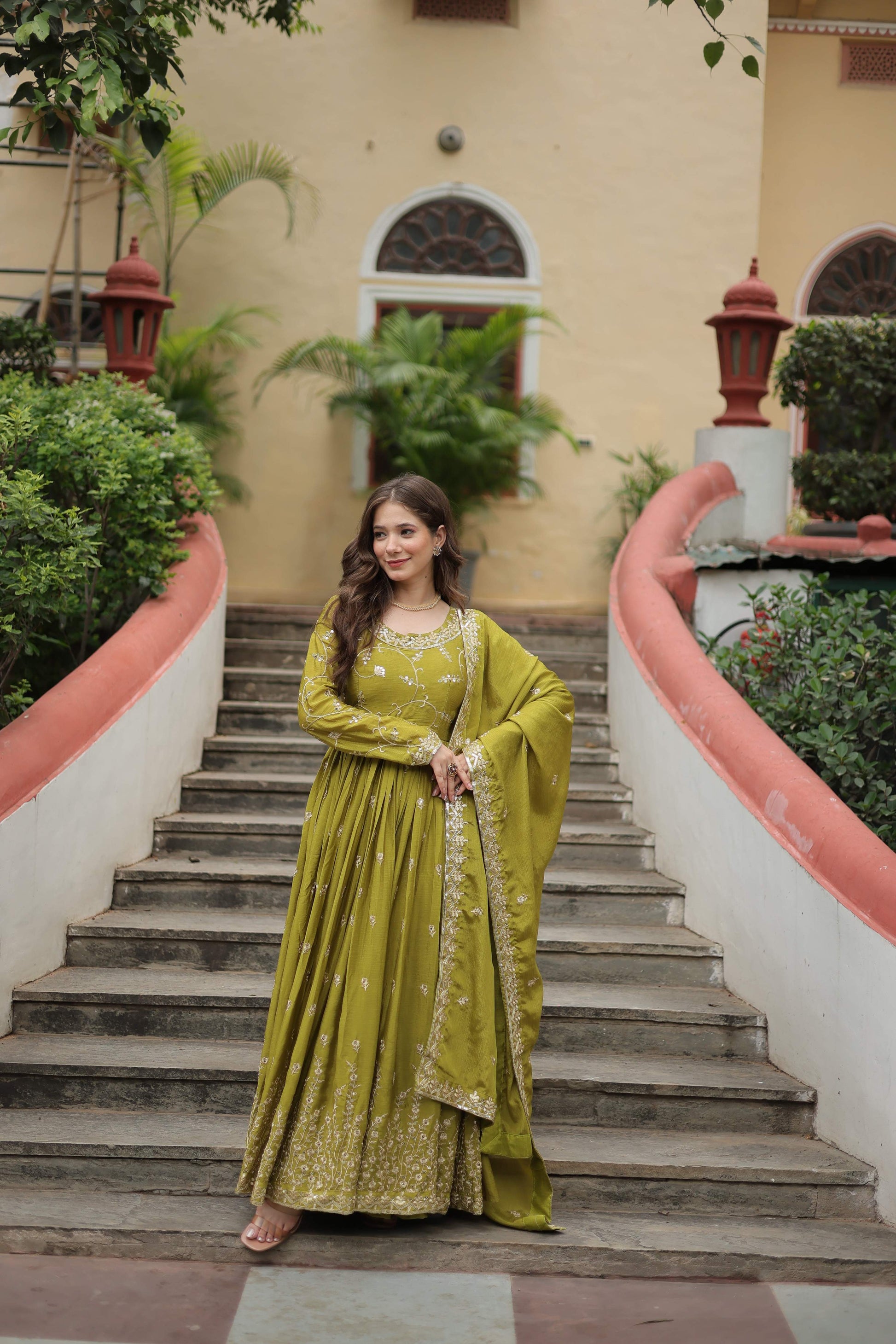 Teeya Creation Parrot Color Chinon Silk Embroidery Work Fully Stitched Plazo With Anrkaly Gown