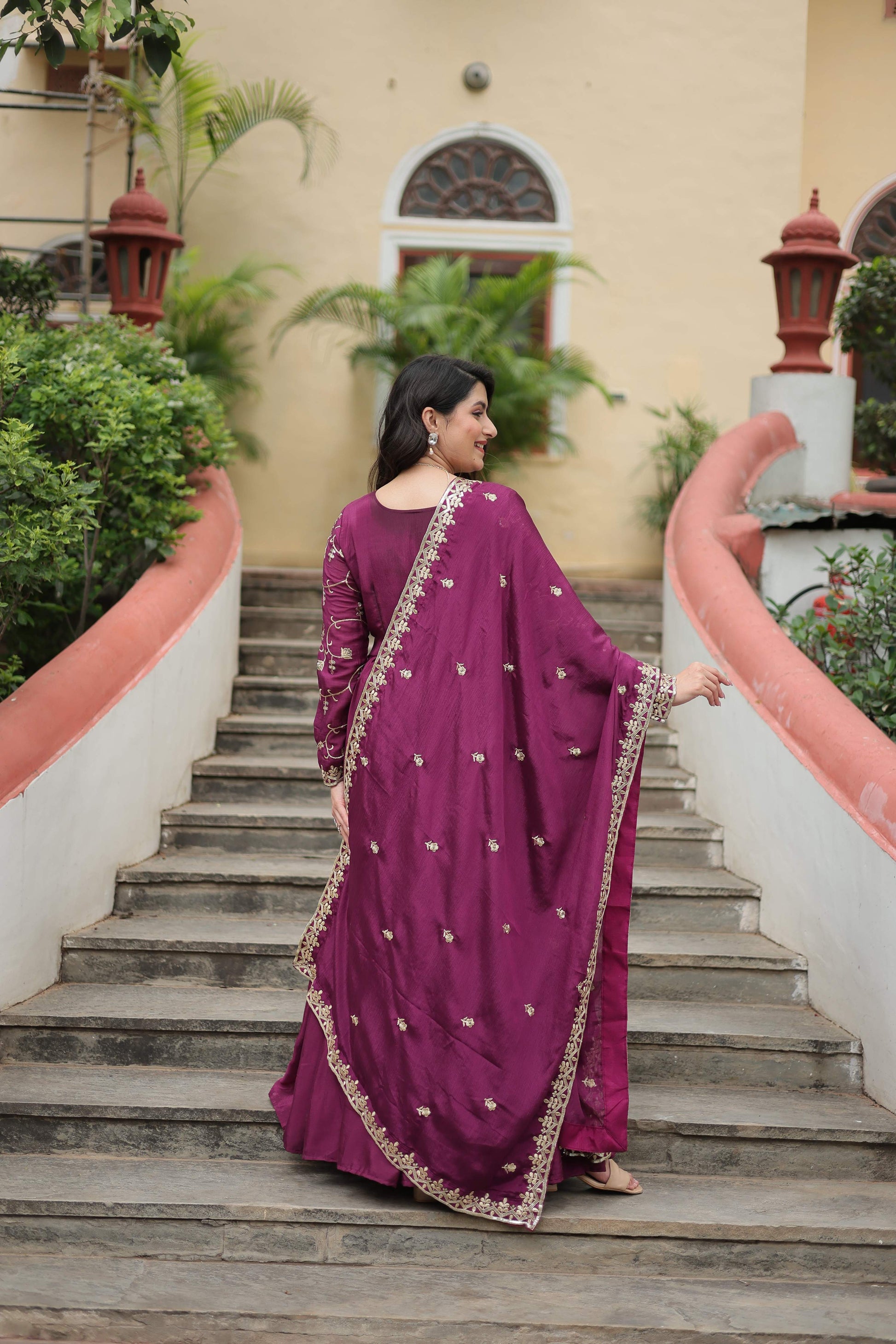 Teeya Creation Wine Color Chinon Silk Embroidery Work Fully Stitched Plazo With Anrkaly Gown